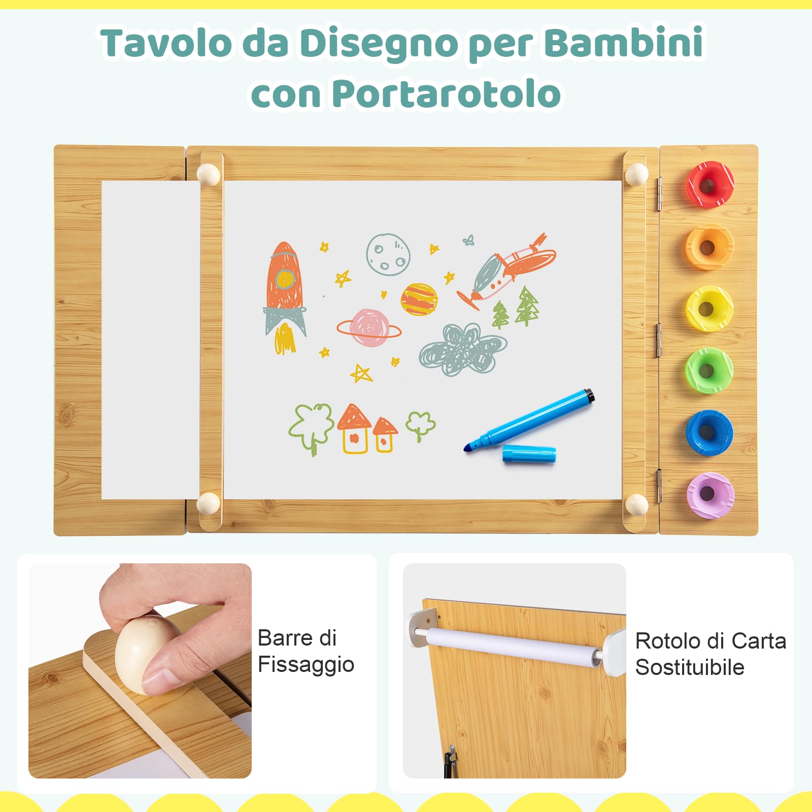 COSTWAY Set Tavolo da Disegno e Cavalletto per Bambini 3+ Anni con 2 Sedie, Tavolo Multifunzione in Legno con Piano Sollevabile, Rotolo di Carta, 6 Bicchieri di Vernice (Naturale)