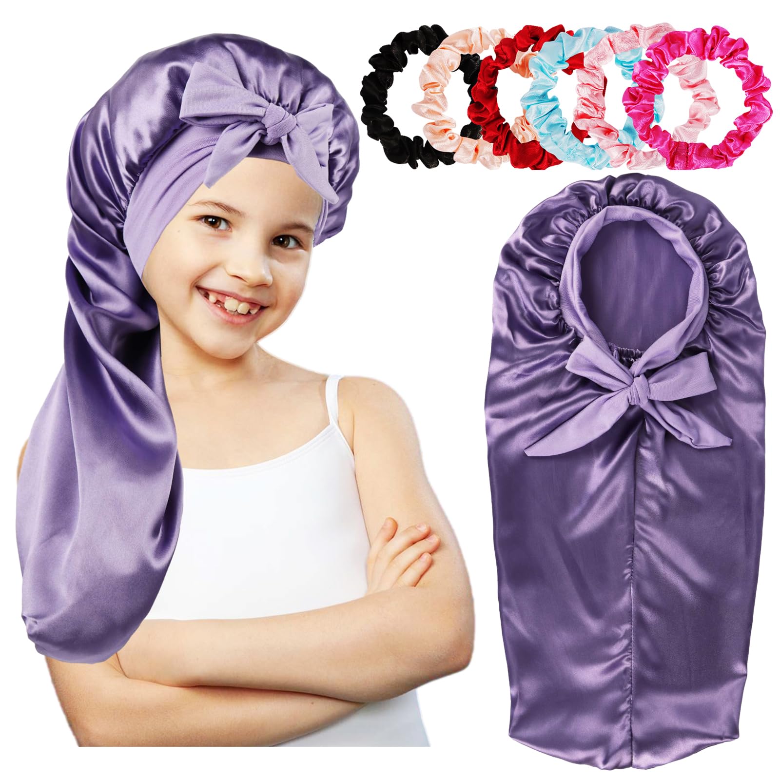 Long Kids Bonnets for Girls,Silk Bonnet for Kid Sleeping,Sleep Cap for Braids Long Hair Curly Hair Purple