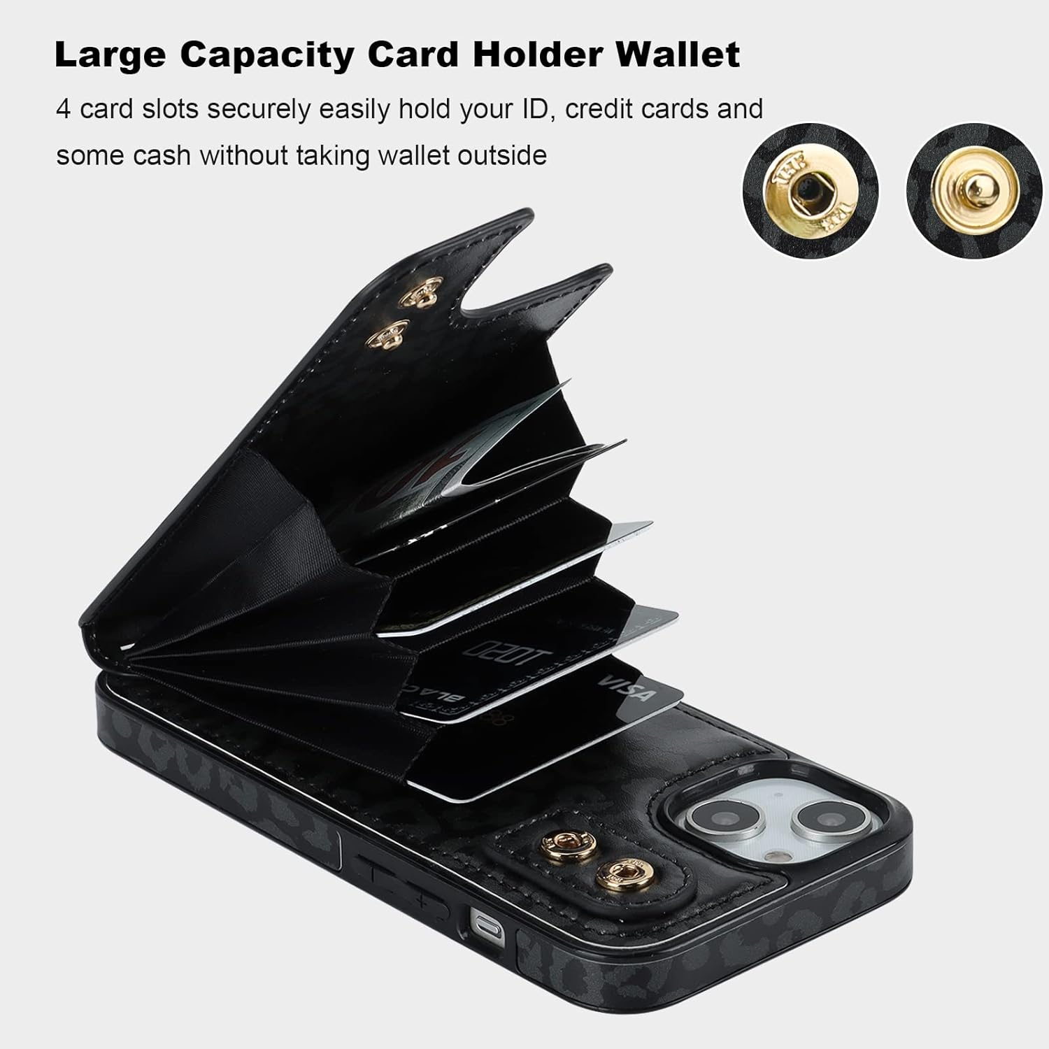 HAOPINSH for iPhone 13/ iPhone 14 Wallet Case with Card Holder, 360°Rotation Ring Kickstand, Black Leopard Cheetah Pattern, RFID Blocking Leather for Girls Women, Double Buttons Flip 6.1"