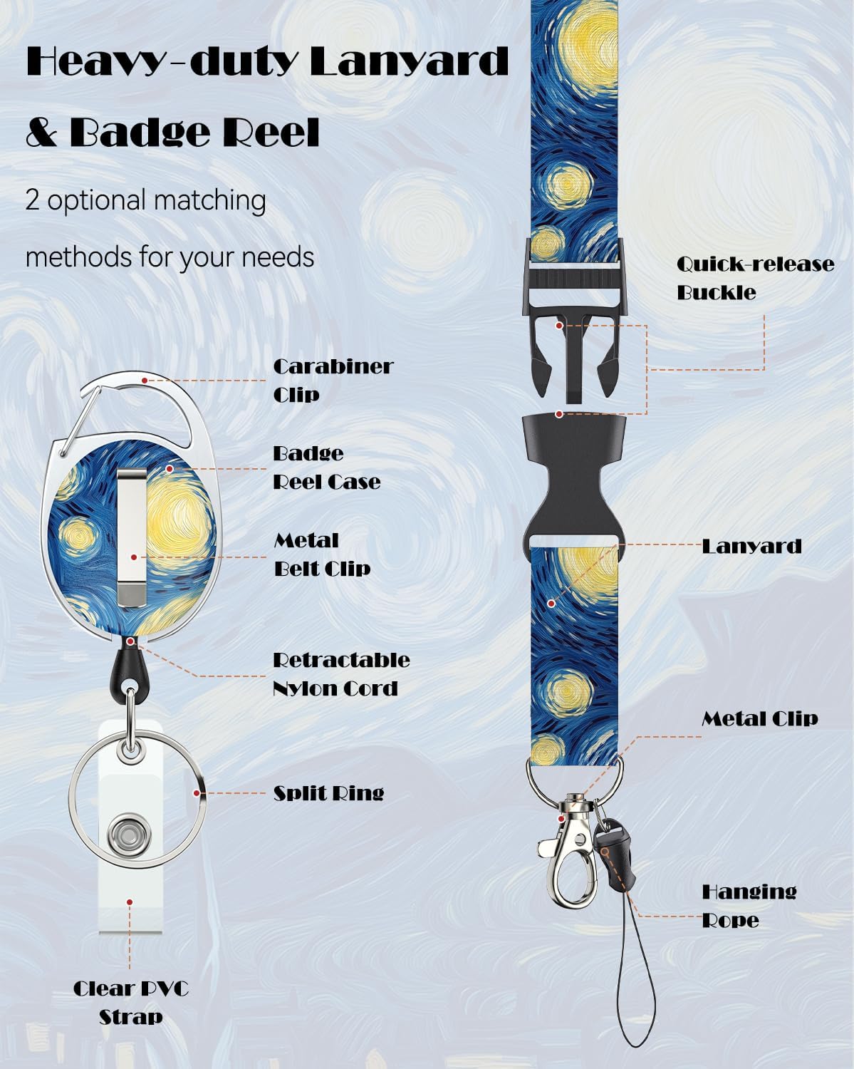 Uniclife Porta Tarjetas Identificativas La Noche estrellada Portatarjetas de Plástico Retráctil Mosquetón Cordón Desmontable Protector Vertical Tarjetas Empleados Oficina Enfermera Estudiante