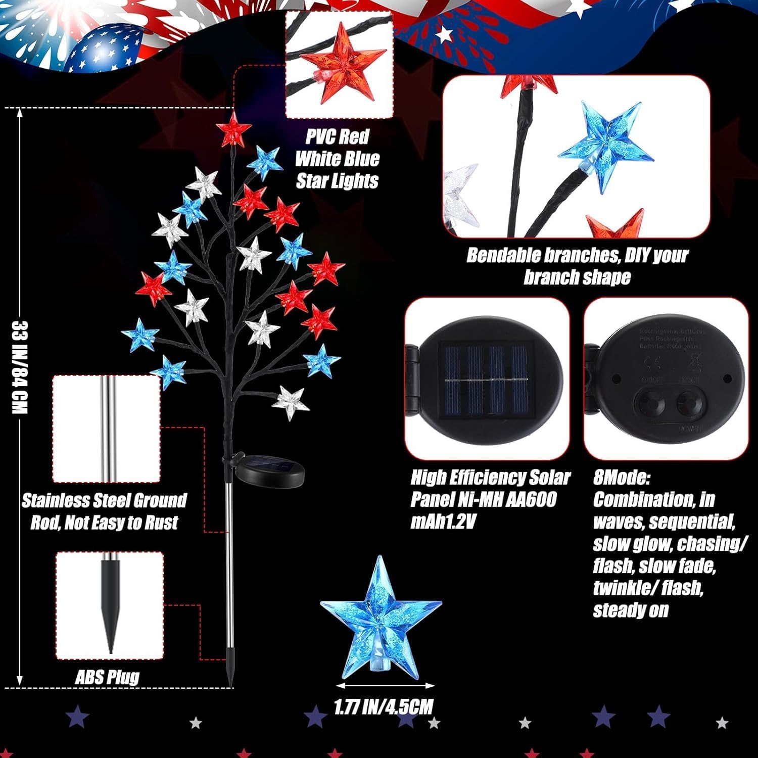 8 Piece Solar American Flag Pathway Lights Outdoor Red White and Blue Solar Lights IP66 Waterproof with 8 Lighting Modes for 250th Anniversary 4th of July Decorations Outdoor (B)