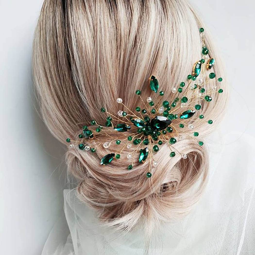IYOU Peineta para el pelo de princesa con cristales verdes para novia, accesorios para niñas y mujeres (dorado)