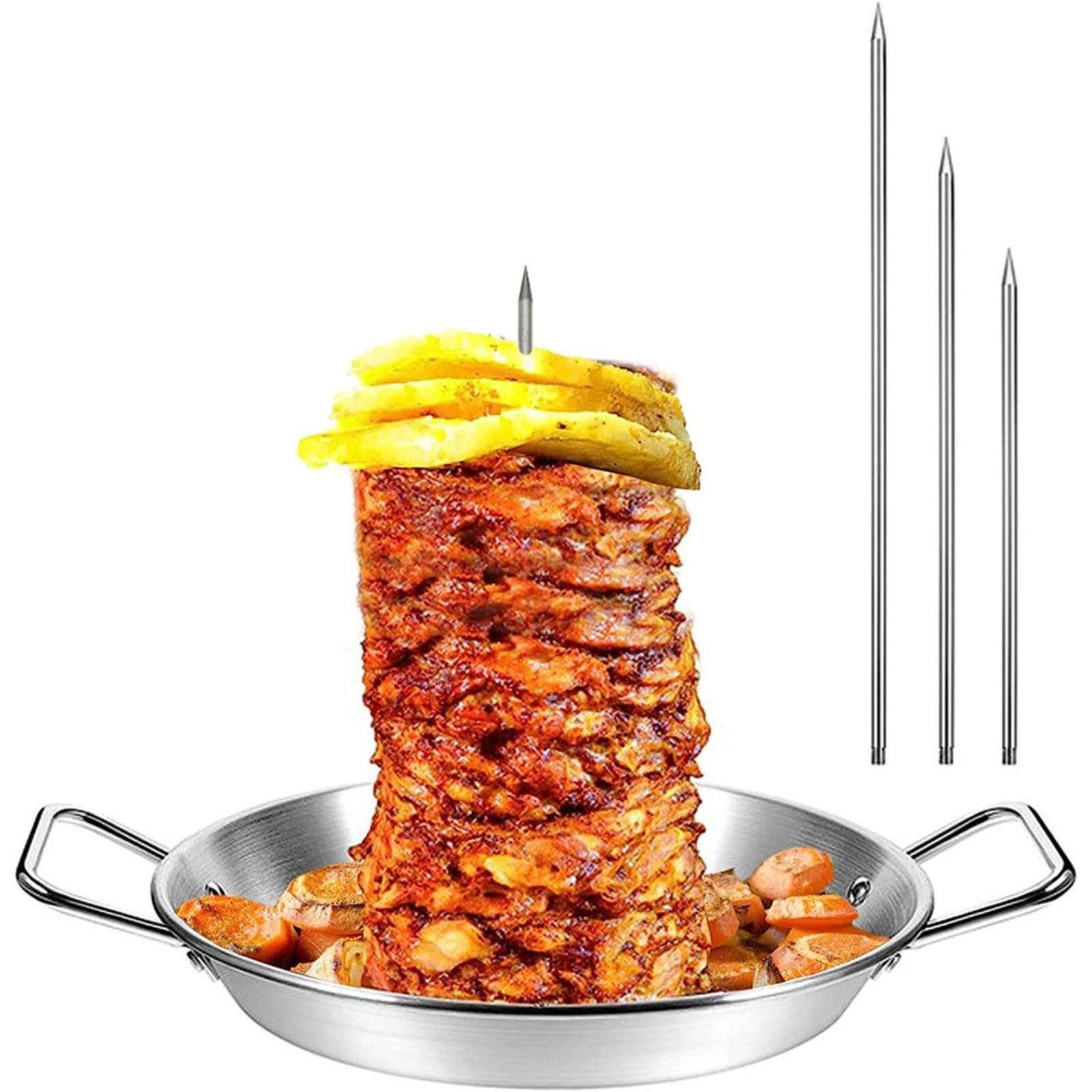 Brochette verticale inox pour barbecue avec plateau égouttement dinde