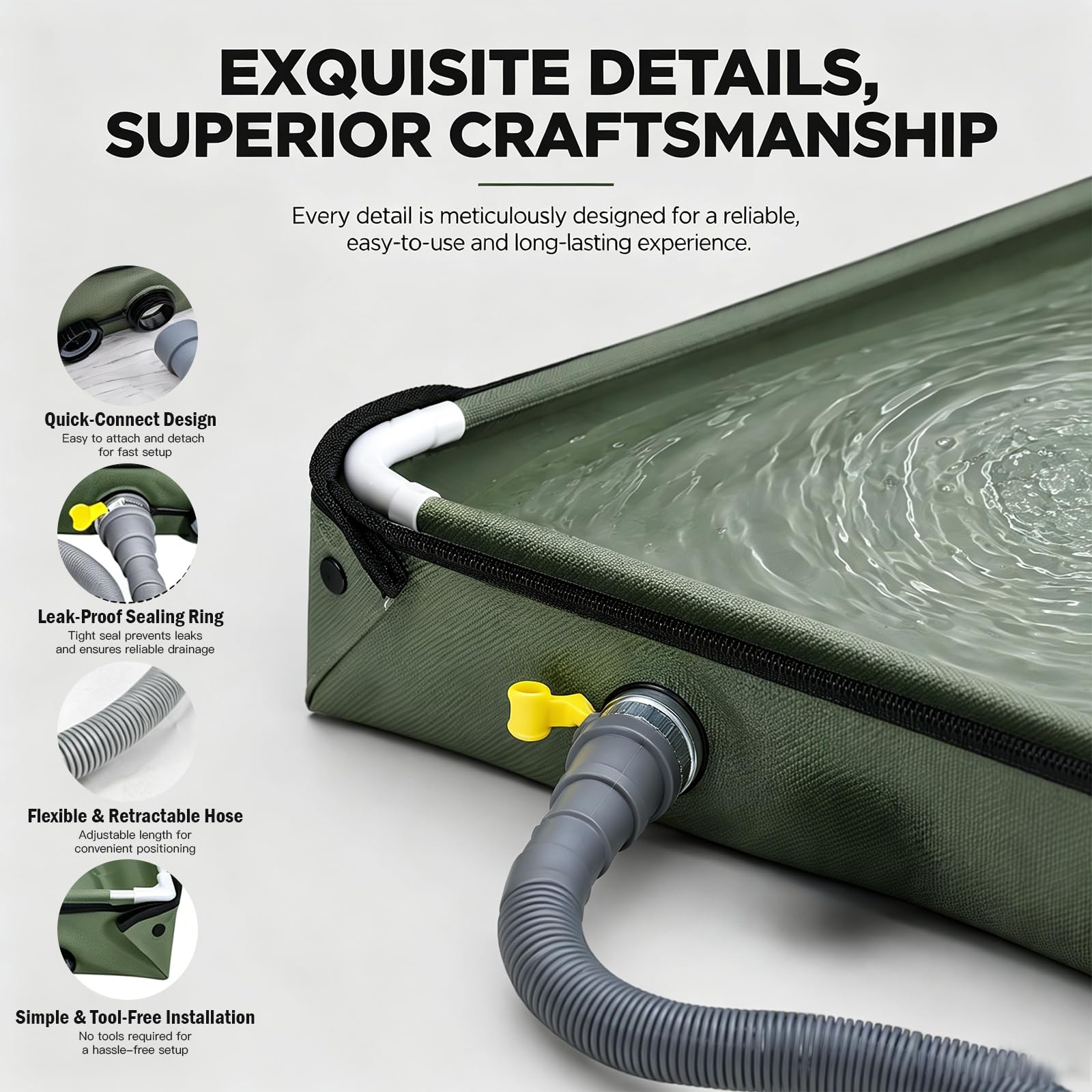 Piatto doccia pieghevole, 80 x 80 cm, piatto doccia da campeggio, base doccia portatile con tubo di scarico, tenda doccia per esterni, per camper, giardino, viaggi (verde militare)