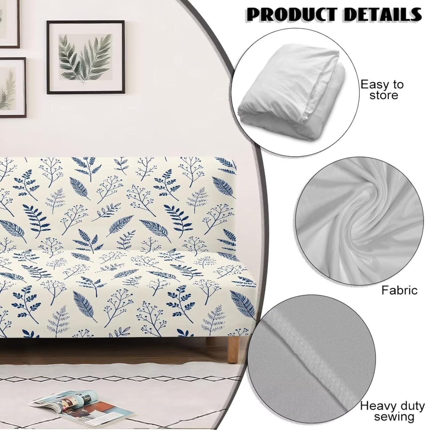 Blue Leaf Armless Sofa Cover Dustproof Sofa Slipcover for Home Decorations Removable Futon Covers with Elastic Bottom for Family Wedding Party Banquet