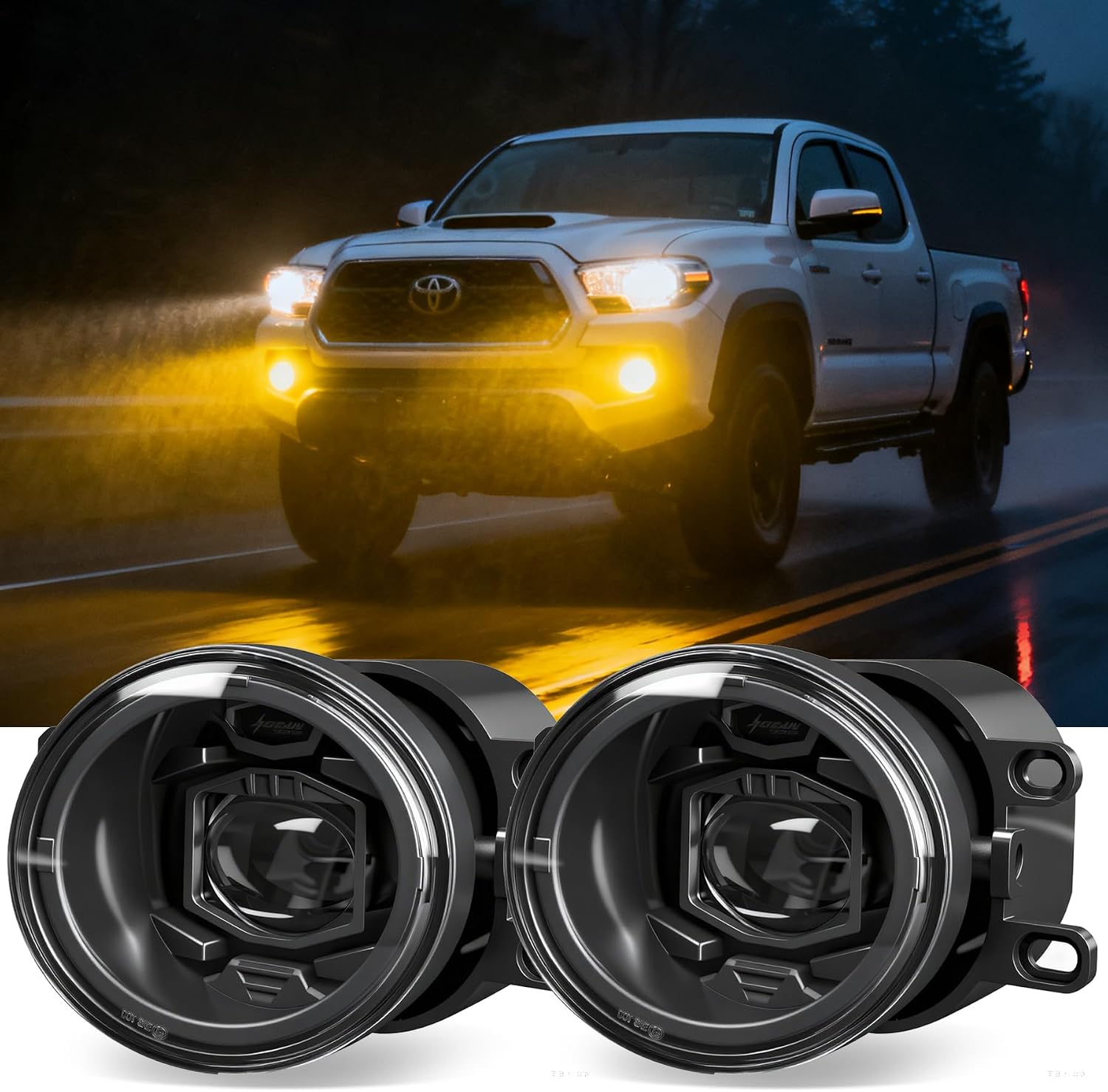 Yellow LED Fog Lights Assembly for 2016-2023 Toyota Tacoma, 2014-2023 4Runner, 2014-2019 Tundra - Amber Round Driving Lamps, DOT Approved, Plug & Play OEM Replacement (1 Pair)