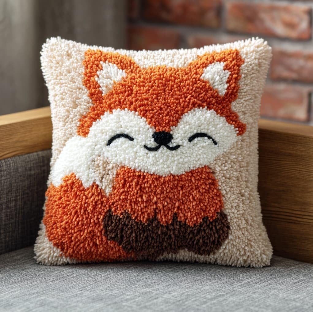 WallustrioaW Latch Hook Kits Pillow for Adults,Cartoon Little Fox