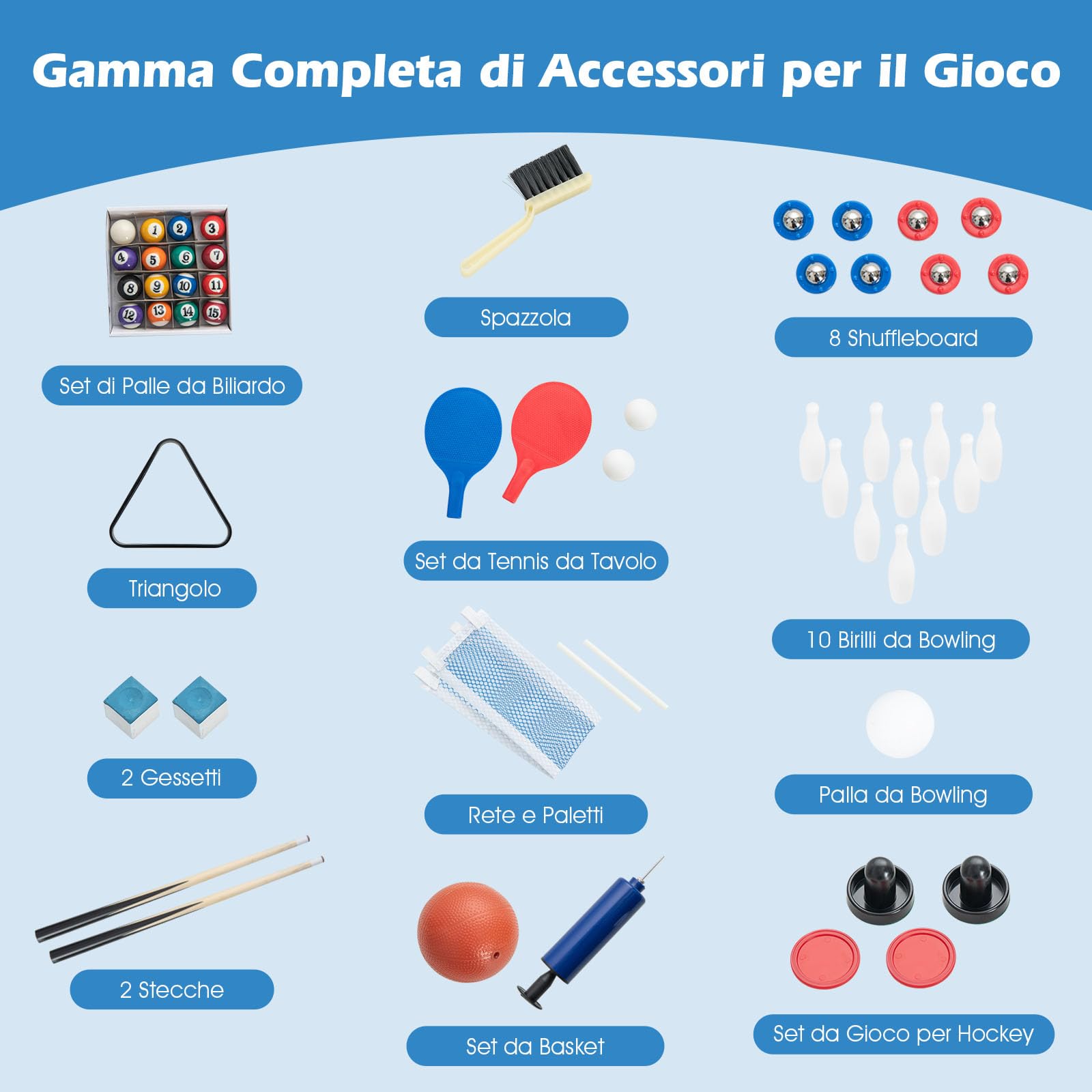 COSTWAY 6 in 1 Tavolo da Gioco, Set Multi-Gioco con Basket Biliardo Ping Pong Hockey Shuffleboard Bowling, Tavolo da Gioco Salvaspazio per Feste Sala Giochi Soggiorno