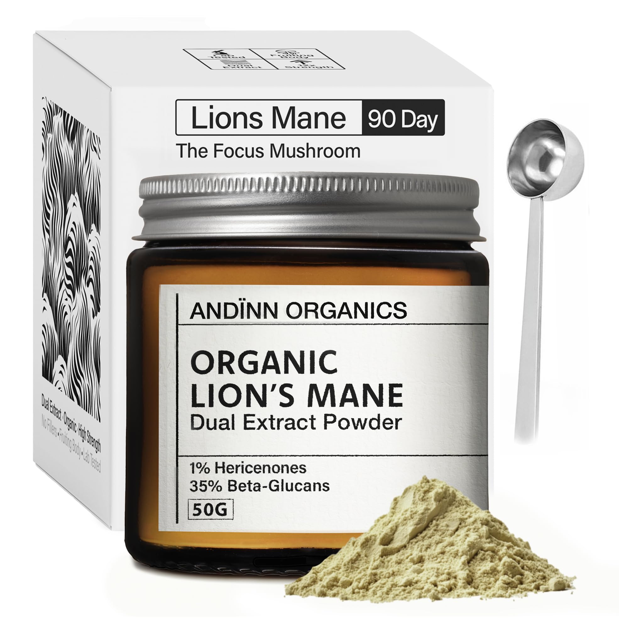 Organic Lions Mane Supplement Powder | 12X Strength | 3 Month Supply | NGF | Focus Plus | 6000mg | Dual Extract | Soil Association Certified | NGF | 1% Hericenones | 35% Beta-Glucans