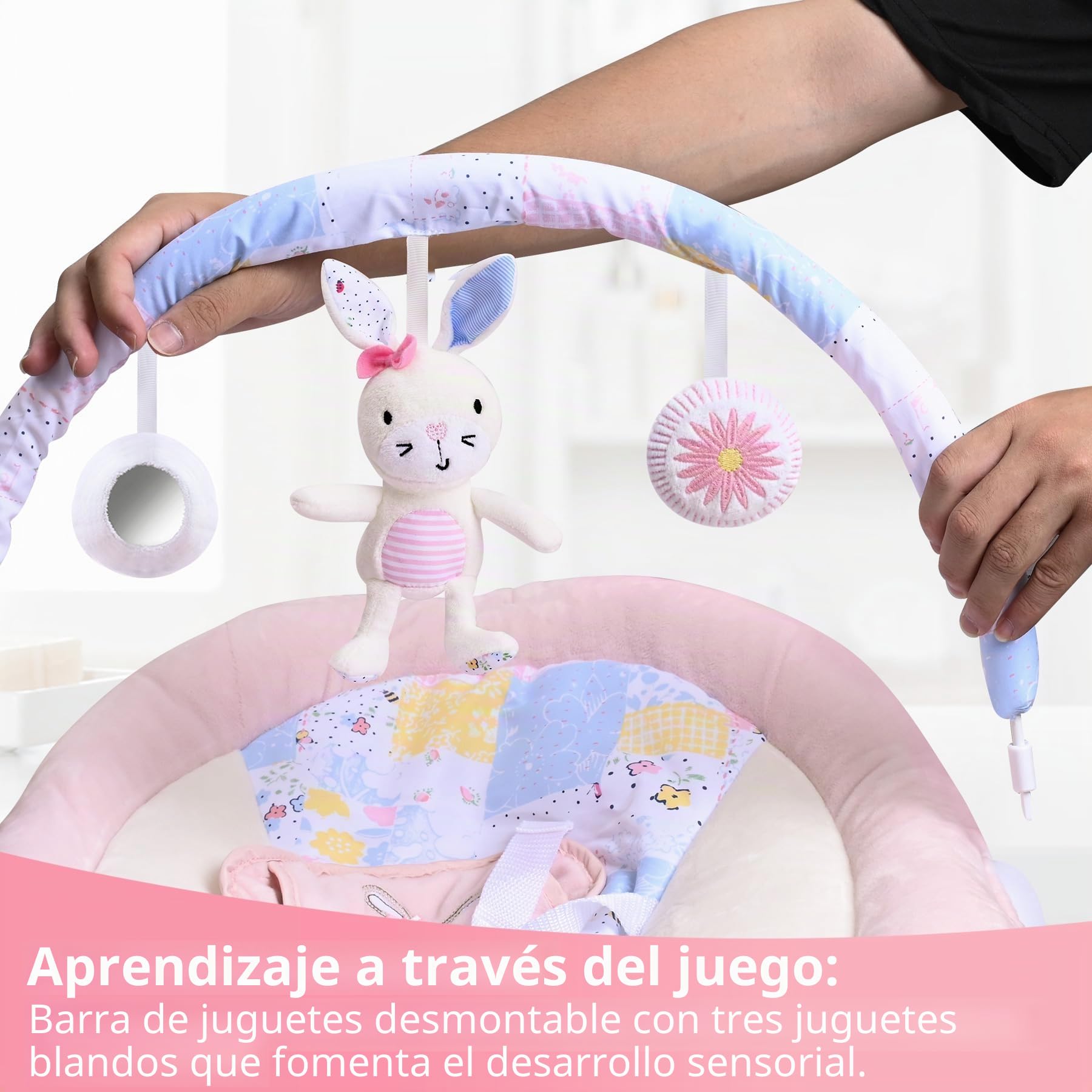 LADIDA Hamaca suave y acolchada para bebé con música relajante y vibración, bonito tema de conejo rosa, adecuado para recién nacidos