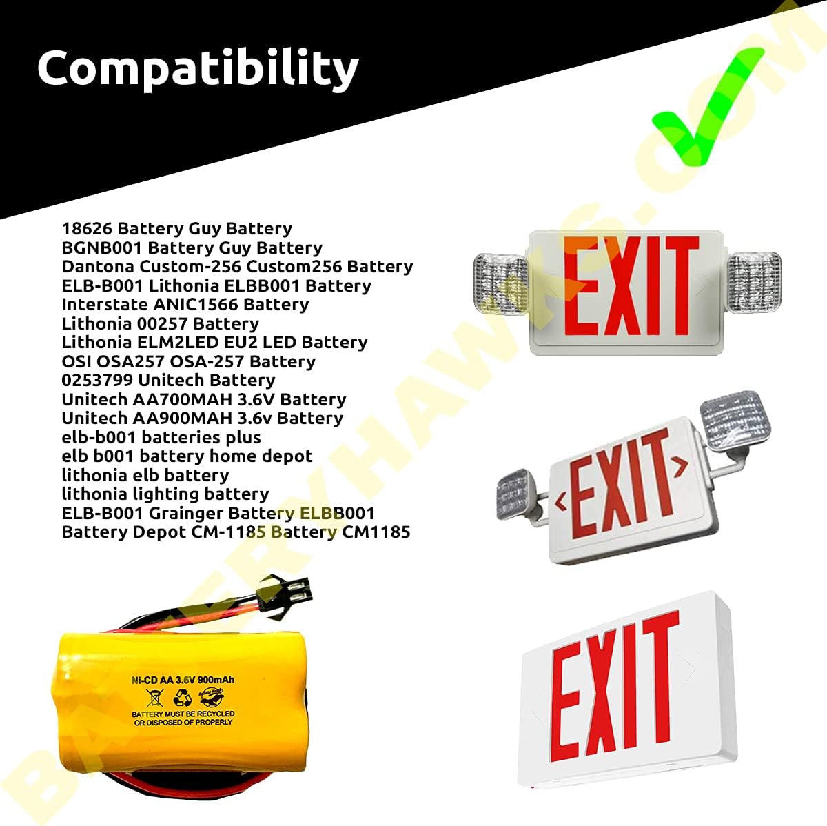 ELB B001 ELBB001 ELB-B001 AA900MAH 3.6v 900mAh Exit Sign Emergency Light NiCad Battery ANIC1566 0253799 (8 Pack, 8, Count)