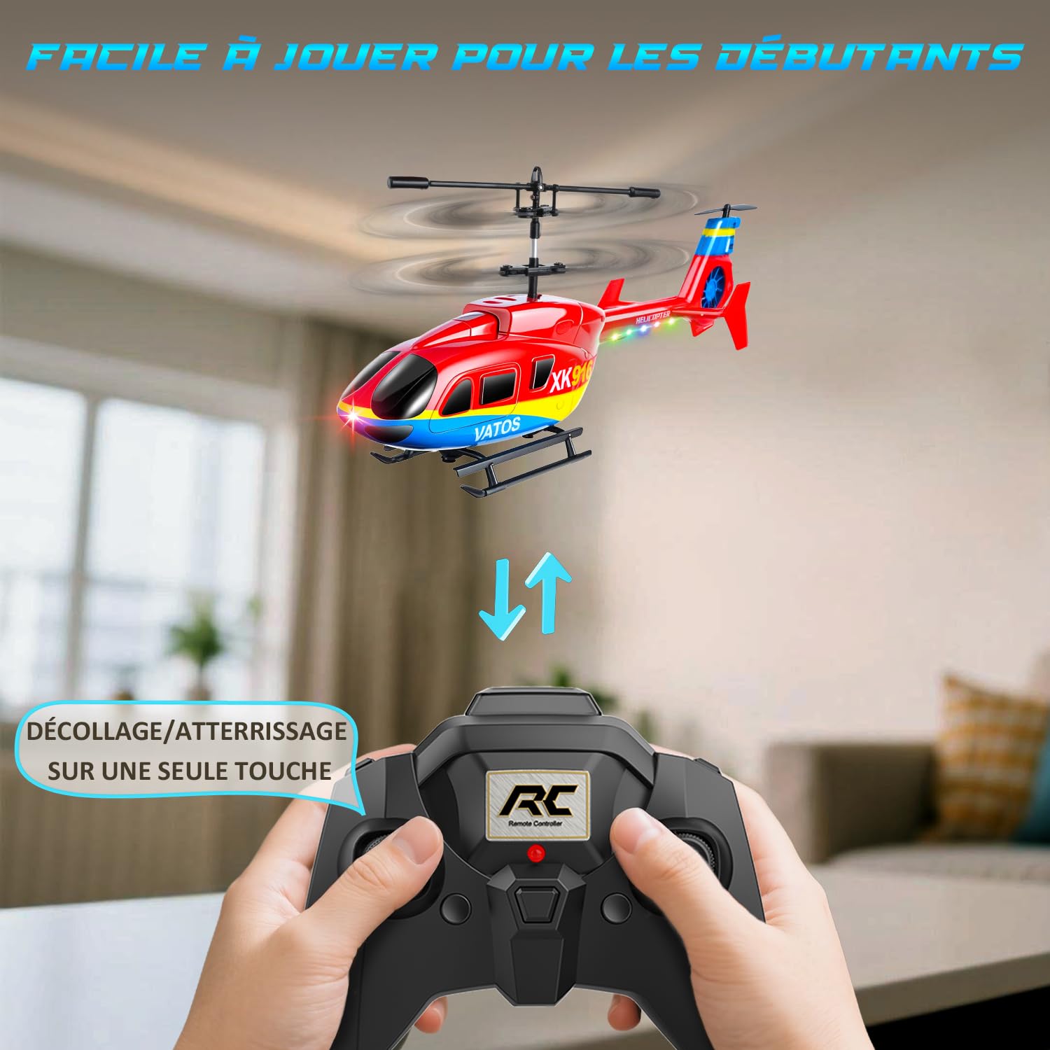 VATOS Hélicoptère télécommandé, 2.4GHz avec Gyroscope et lumière LED, 3.5 CH décollage et atterrissage par Une Seule Touche,Jouet d'intérieur pour Enfants et Adultes débutants âge 10+