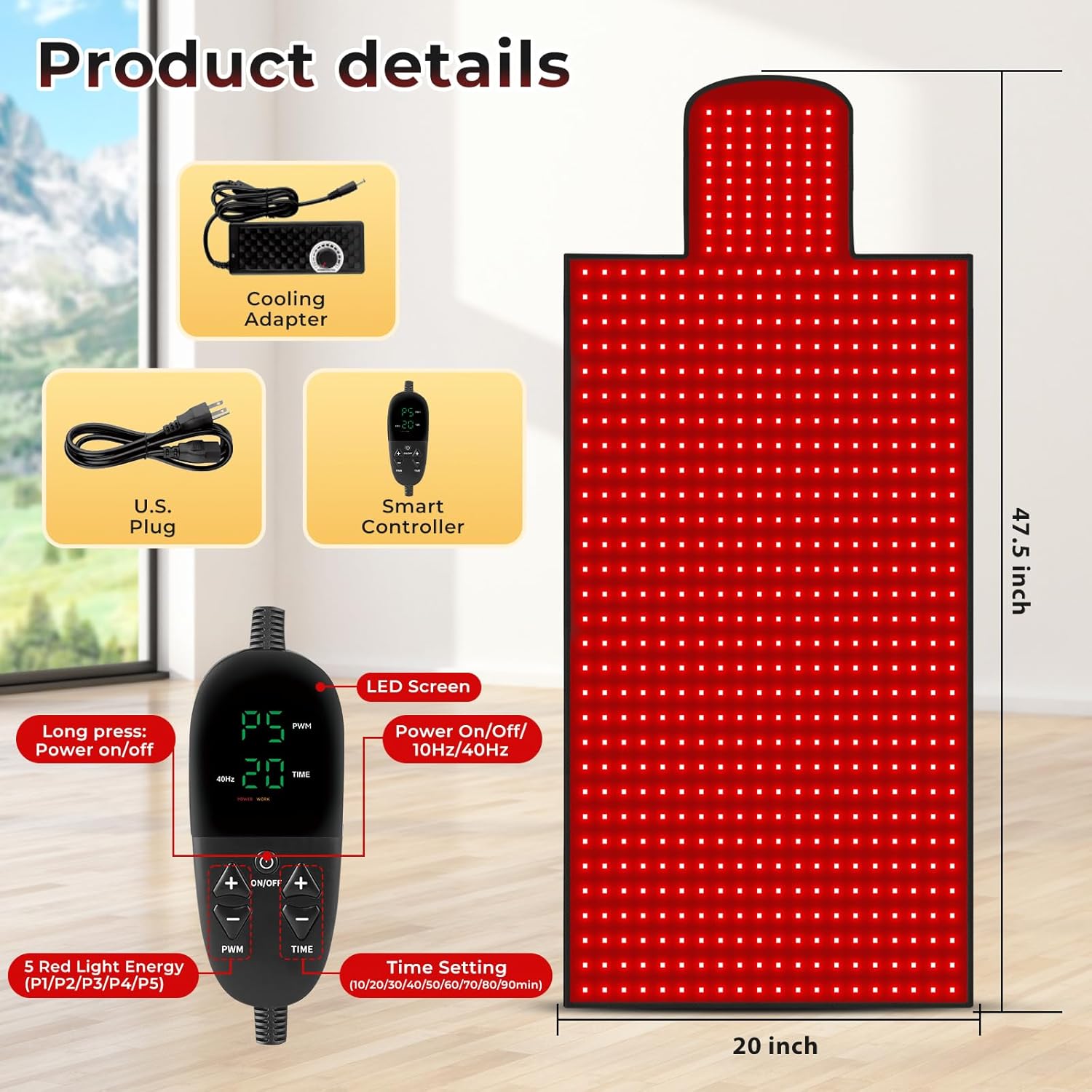 47.5"x20" Body Red Light Therapy Mat, Eligible Red Light Therapy Blanket, 770pcs Dual Wavelength LEDs(660nm& 850nm), Premium Leather, Adjustable Timer & Intensity - Image 2