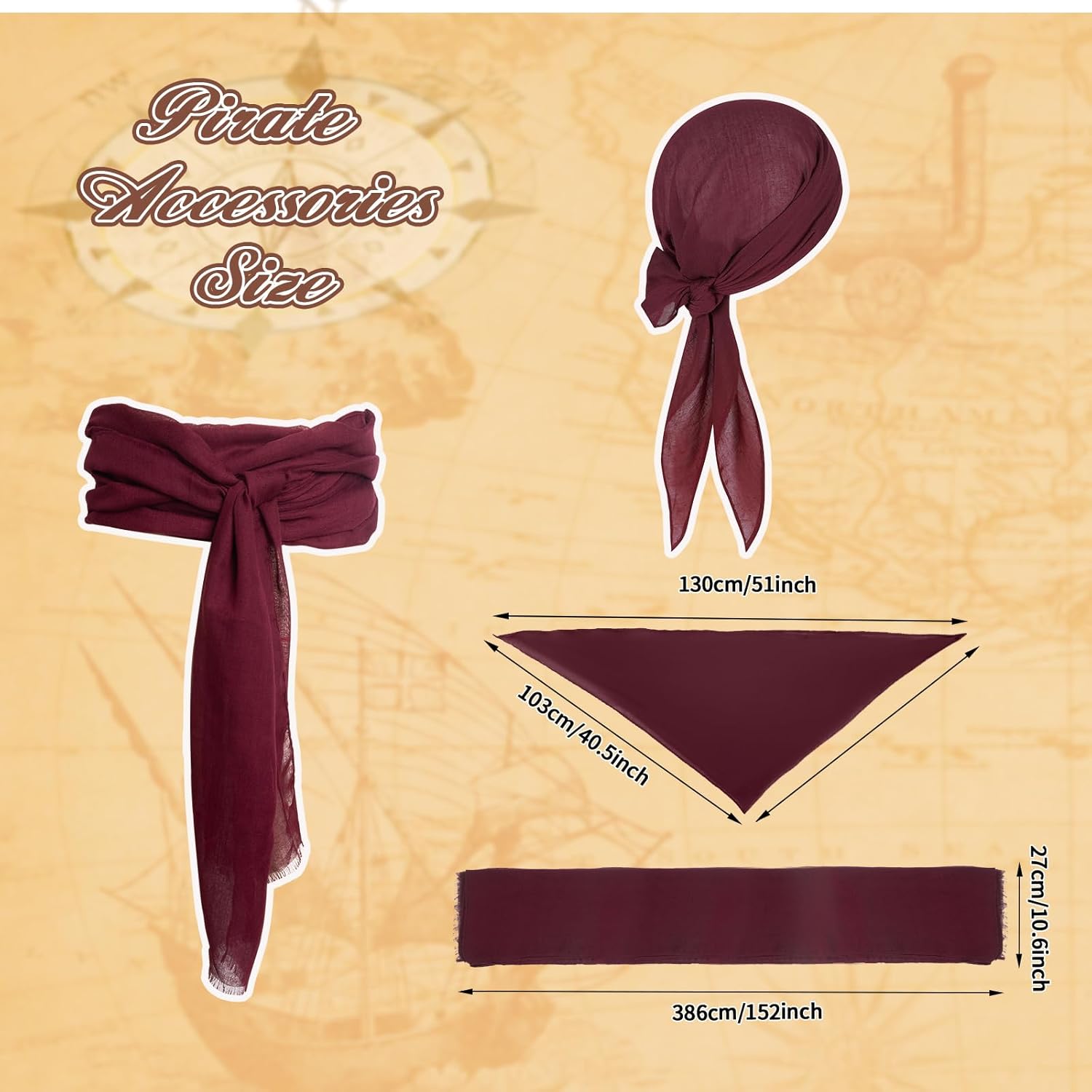 4-Pcs Pirate Costume Men,Medieval Renaissance Pirate Shirt Bandana Sash & Eye Patch for Men Halloween Carnival Cosplay Outfit - Image 4