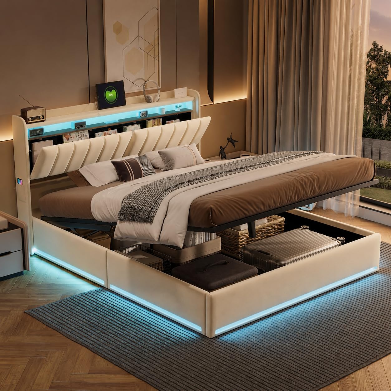 Letto imbottito 140x200 cm con Contenitore idraulico, Letto matrimoniale a LED con stazione di ricarica, Testiera in velluto, Struttura letto con rete a doghe (beige, 140x200 cm)