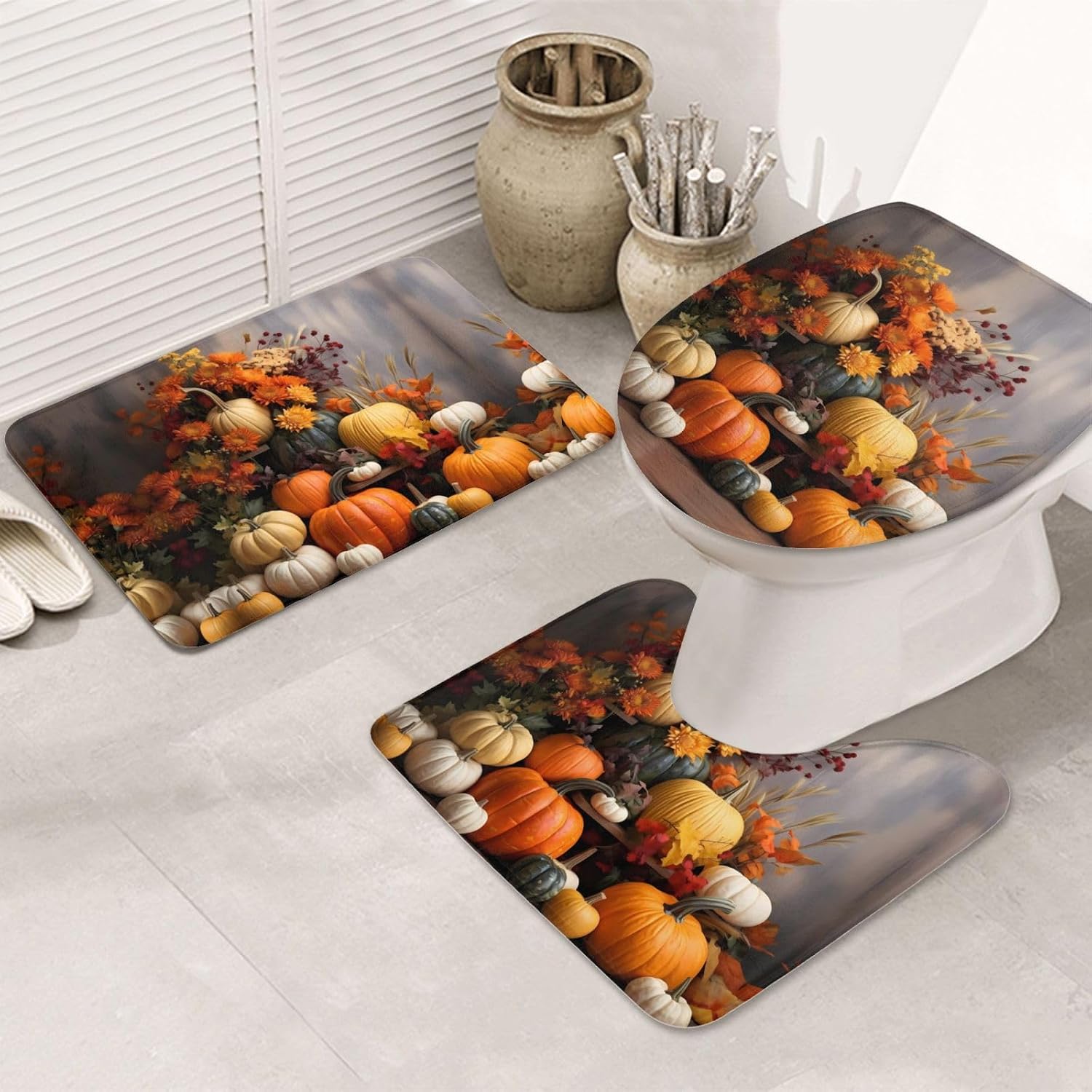 JCAKES Fall Decor Pumpkins Print 3 Piece Bathroom Rugs Set Non-Slip Washable Cover Floor Rug Decorations for Kitchen Bathroom Bedroom