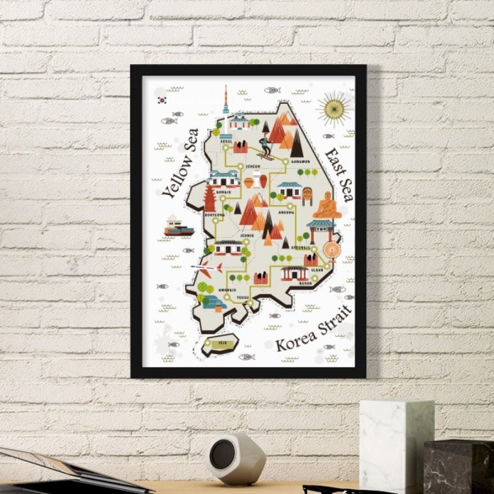 Marco de fotos de Corea del Sur con mapa sencillo para cuadros y pinturas de la pared en negro