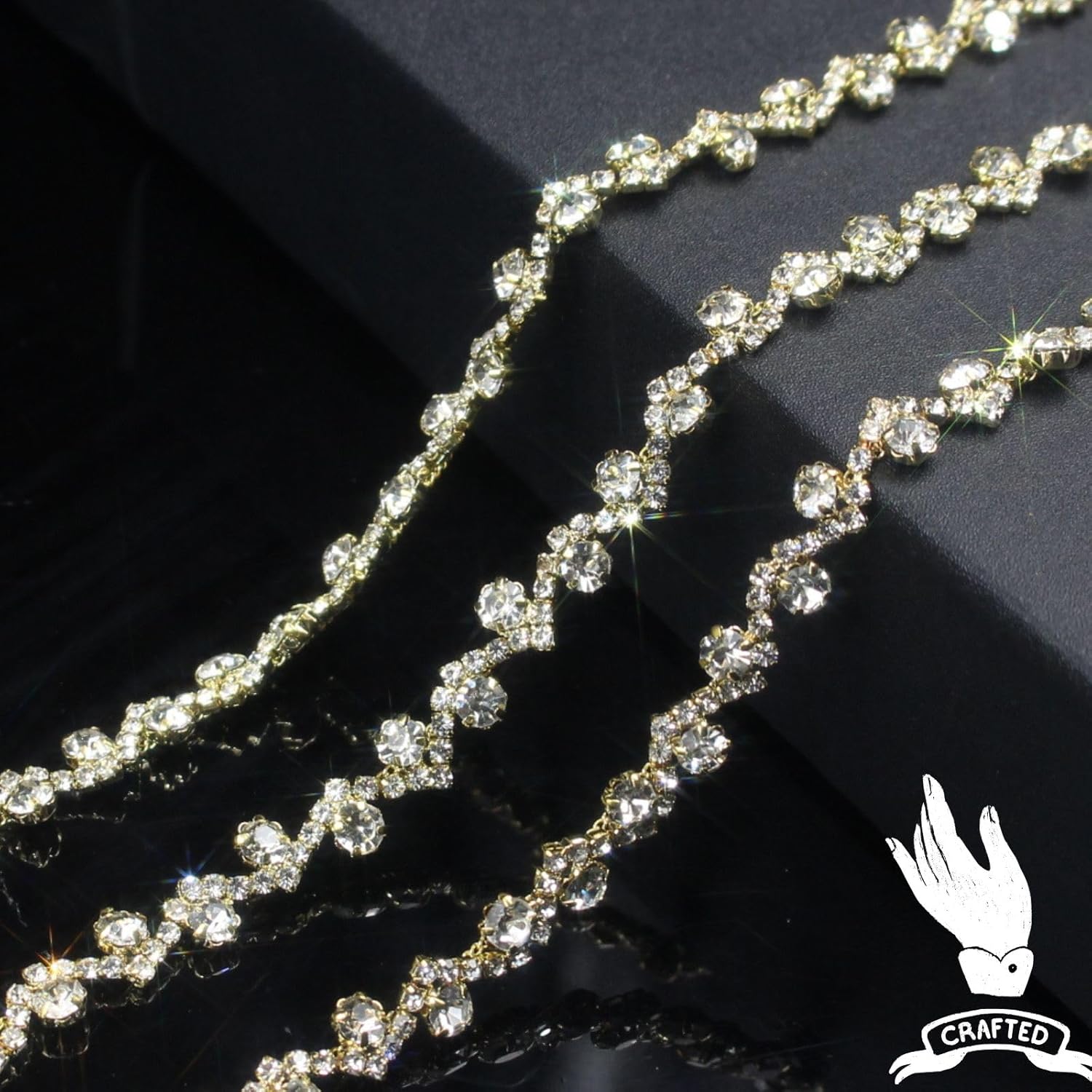 PEARLY JUN 6 Yards Rhinestone Trim Chain Gold Diamond Applique Crystal Fringe String for Wedding Dress Straps Sewing Embellishments Crafts Bedazzling Clothes Accessory