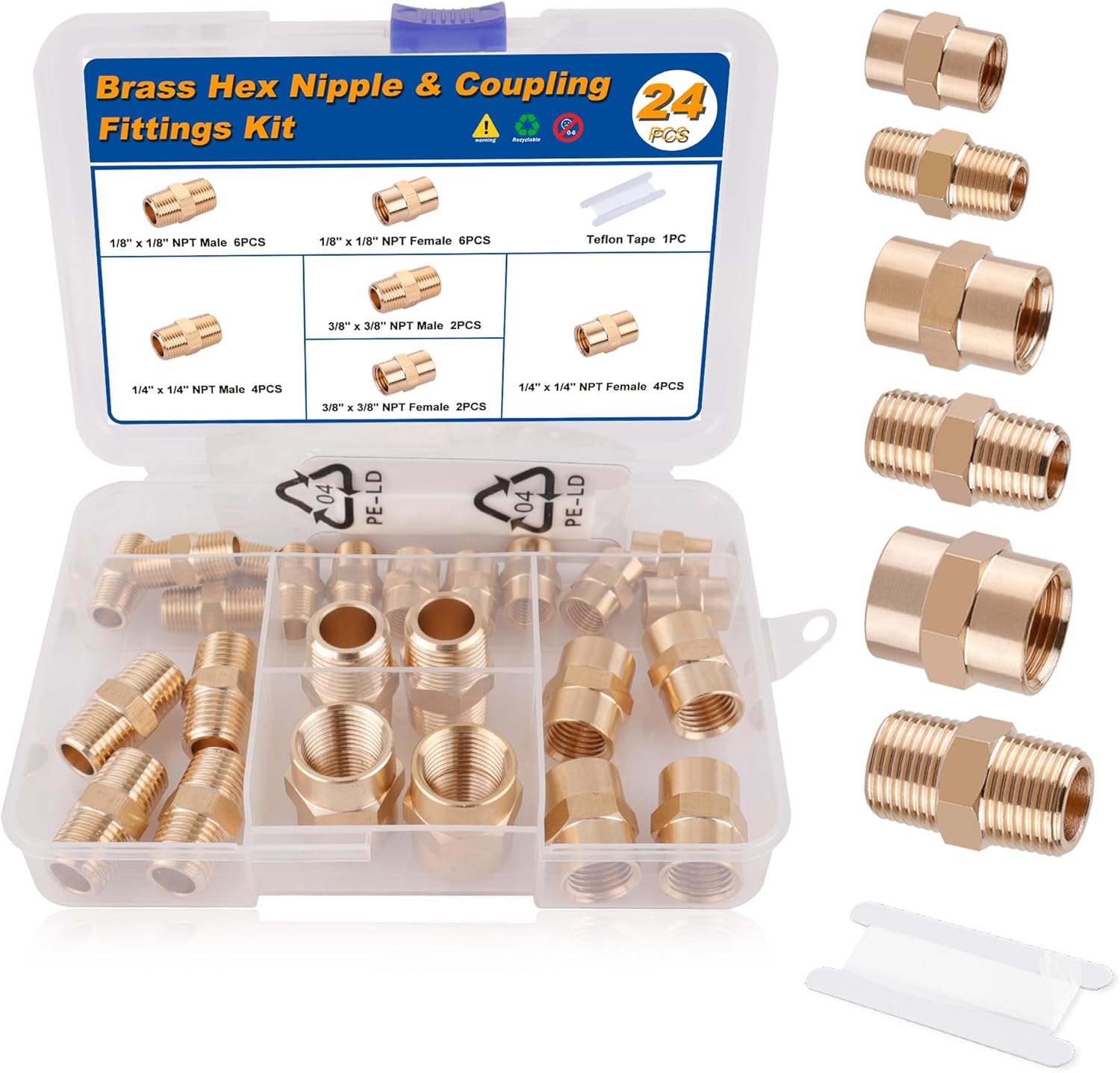 KOOTANS 12pcs Brass Pipe Fitting, NPT Hex Nipple, Coupling, 1/4" x 1/4" NPT Male Pipe, 1/4" x 1/4" NPT Female Pipe Fittings Set (6 Nipple & 6 Coupling)