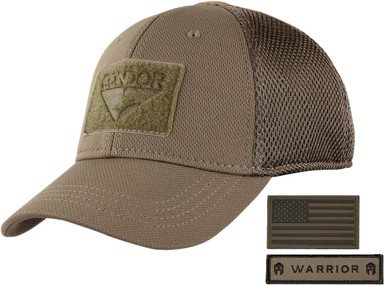 Active Duty GearCondor Flex Mesh Cap, Black + Flag & Warrior Patch, Fitted Tactical Operator Hat