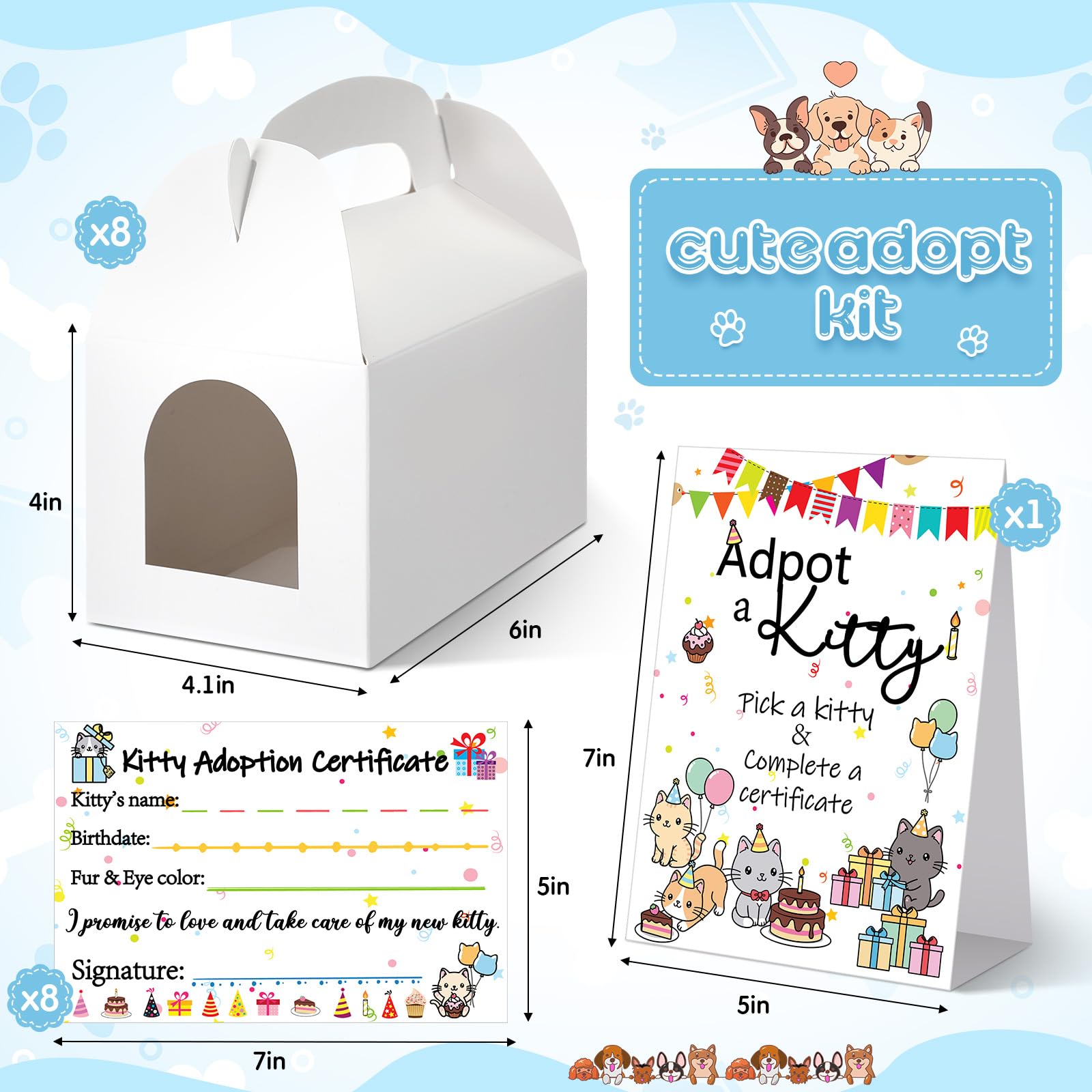 HyDren 25 piezas de regalos de fiesta de adoptar gato, incluye letrero de adoptar un gatito, 8 certificados de adopción de gatitos, 8 mini gatos de peluche, 8 sombreros de cumpleaños, 8 cajas de papel