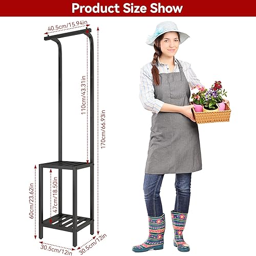 Miniatura 6 de IBUYKE Soporte para plantas de 67 pulgadas de alto para interiores y exteriores, estante de metal colgante de 3 niveles para múltiples plantas,