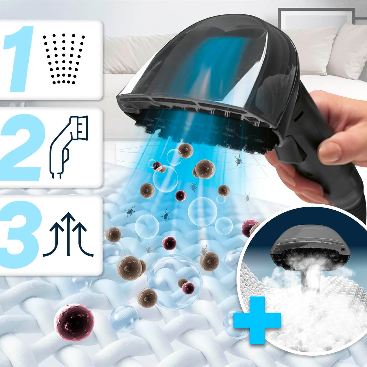 CLEANmaxx cleaner illustrating the 3-step cleaning process: spray, brush, vacuum