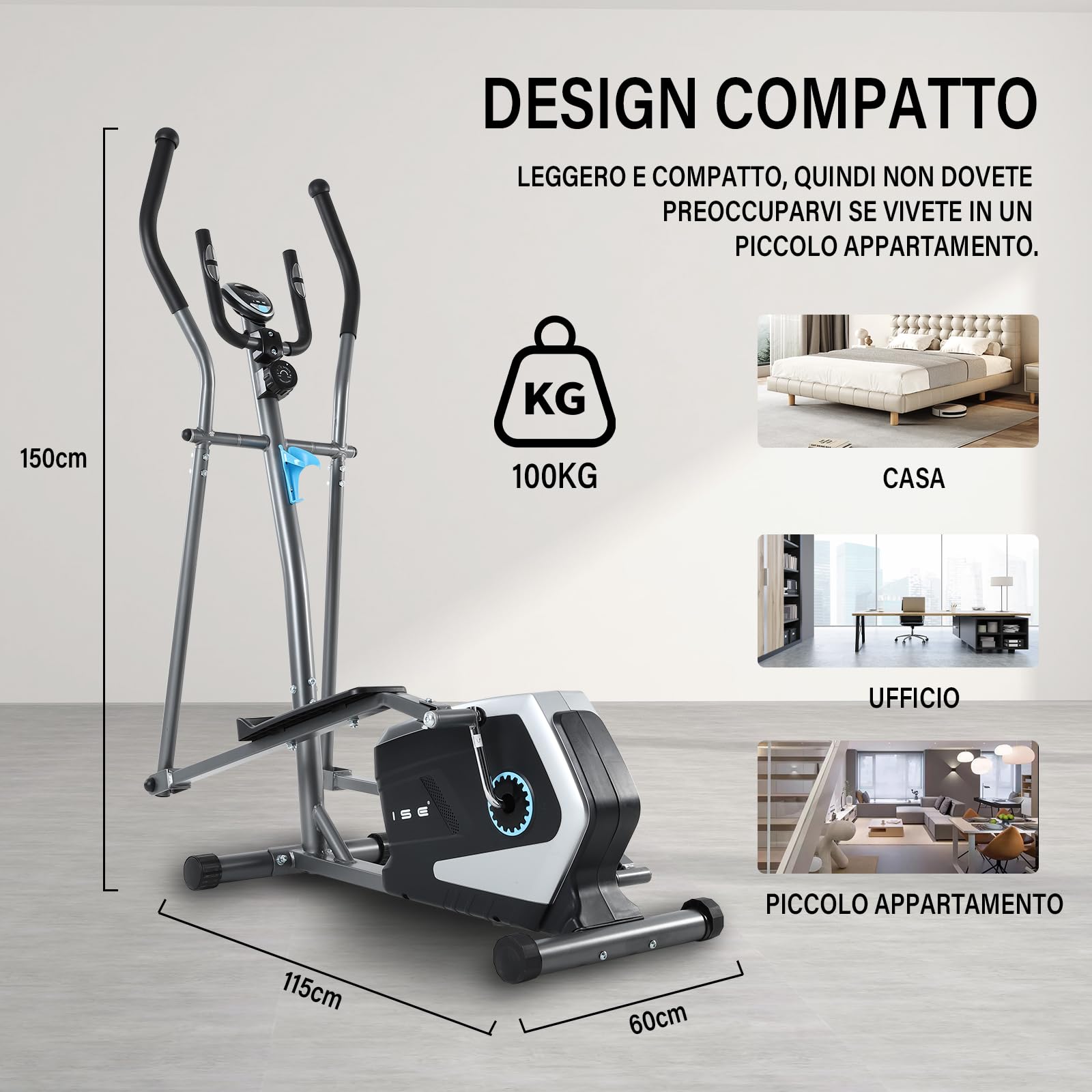 ISE Ellittica Professionale per Casa - Cross Trainer con Resistenza Magnetica 16 Livelli, Display LCD Multifunzione, Peso Utente Max 150kg, Pedane Antiscivolo, Ideale per Cardio e Allenamento Totale