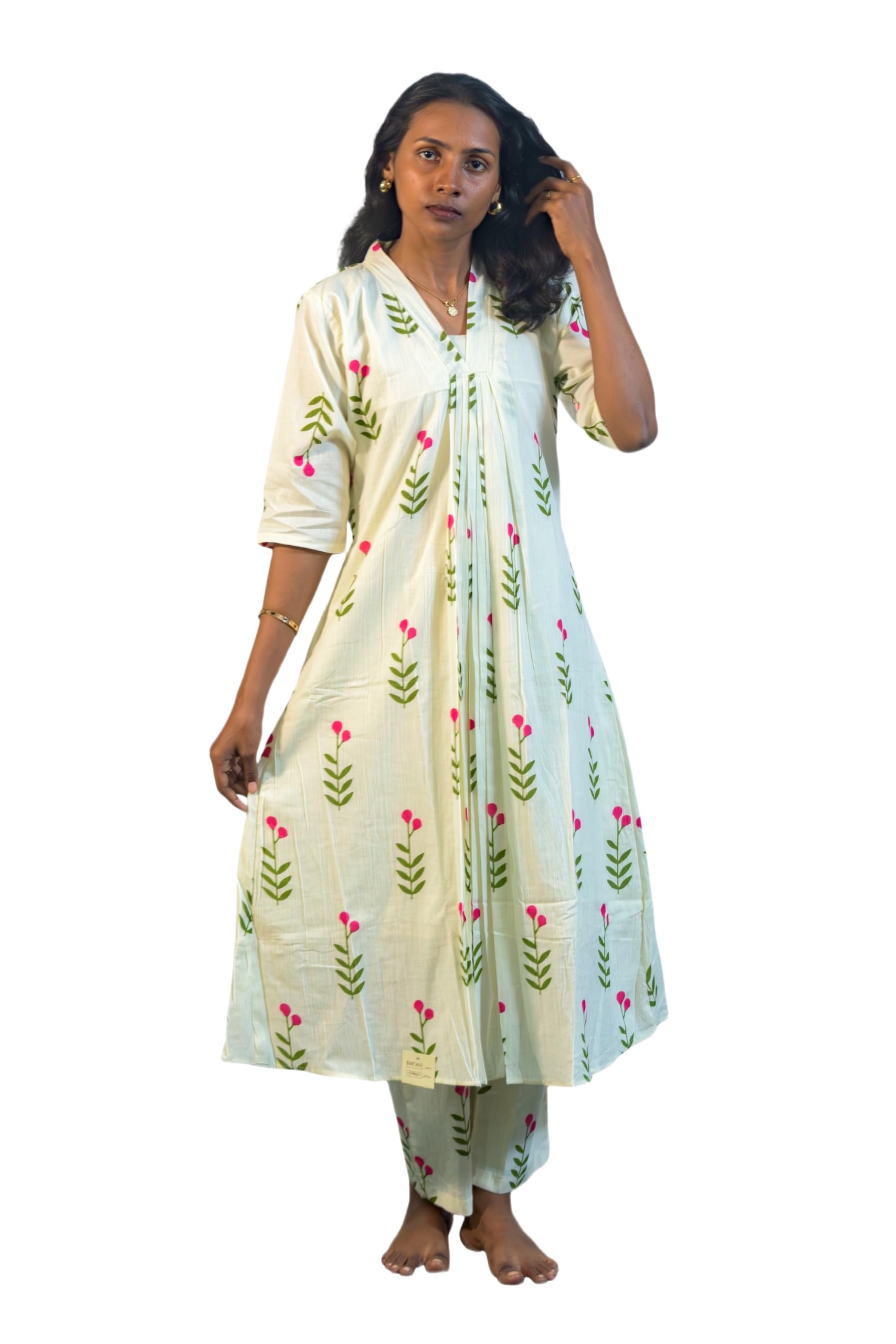 Women's Off White Floral Printed Anarkali Kurta Pant Set | V-Neck A-Line Ethnic Co-Ord Set for Women-picture-40
