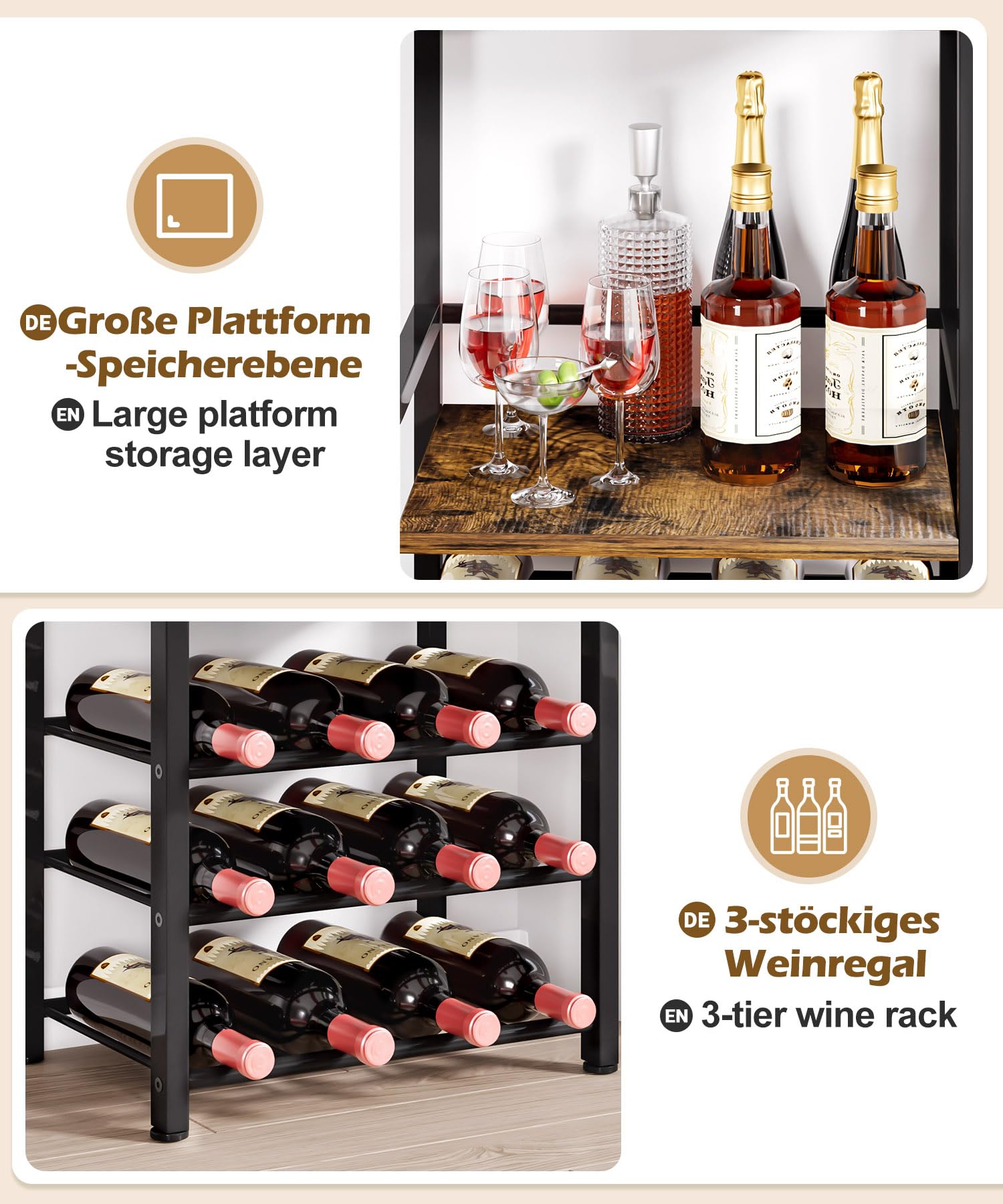 Yorbay Freistehendes Weinregal mit Erweiterte Regale: 3-Stöckiges Flaschenregal für 12 Flaschen - Metall-Holz Weinflaschenhalter mit Geländer und Lagerbereich für Bar Küche Esszimmer