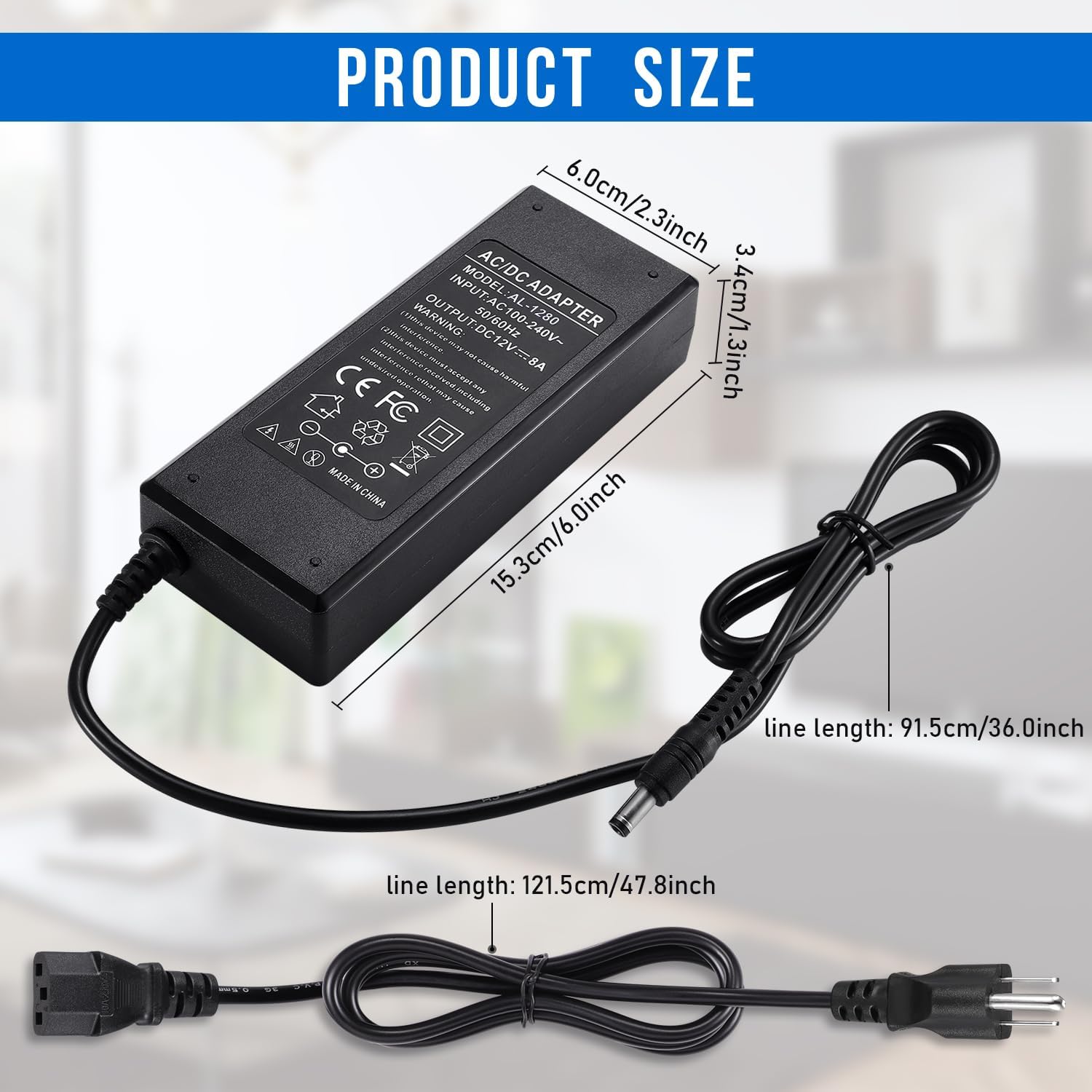 TOBWOLF 3 Prong DC 12V 8A Power Supply Adapter, 96W AC 100V-240V to DC 12V 8A Transformer, 12V-8A Switching Adapter AC/DC Converter, AC/DC Transformer for LED Strip Lights, CCTV Camera, 3D Scanner - Image 2