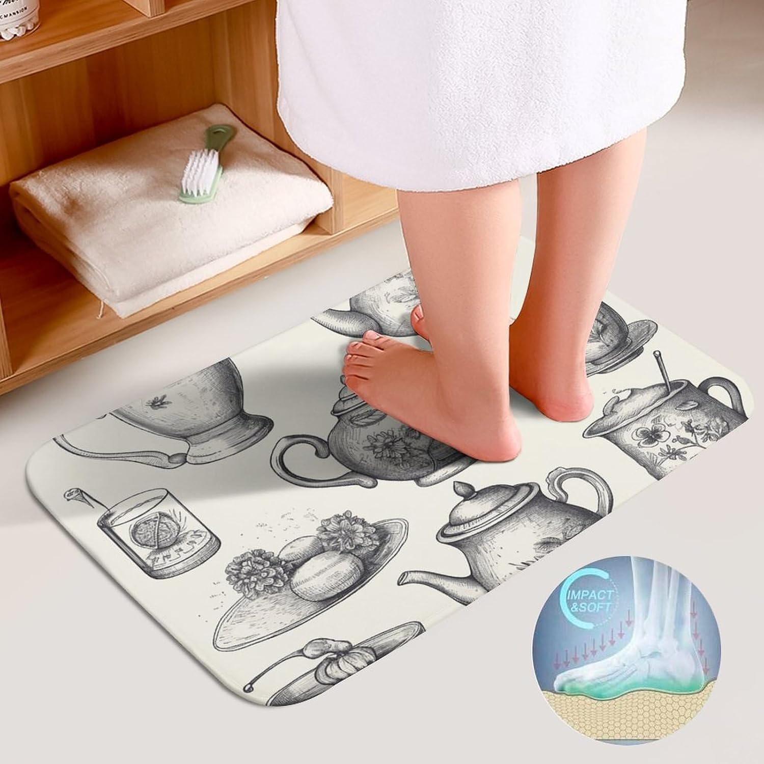 3 Piece Bathroom Rug Set Non-Slip Bath Mat Set Hand Drawn Teapots and Cups Bath Rugs Washable Bath Mat with Toilet Lid Cover Contour Mat Bath Rug for Bathroom Tub