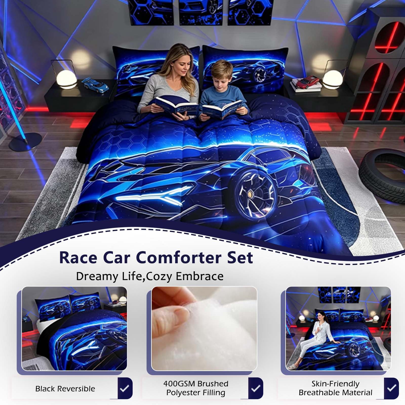 Feelyou Kids Boys Sports Car Comforter Set Full Size Blue Race Car Comforter for Kids Teens Room Decor Extreme Sports Theme Bedding Set Cool Speed Luxury Car Decor Quilt Set Soft for All Season