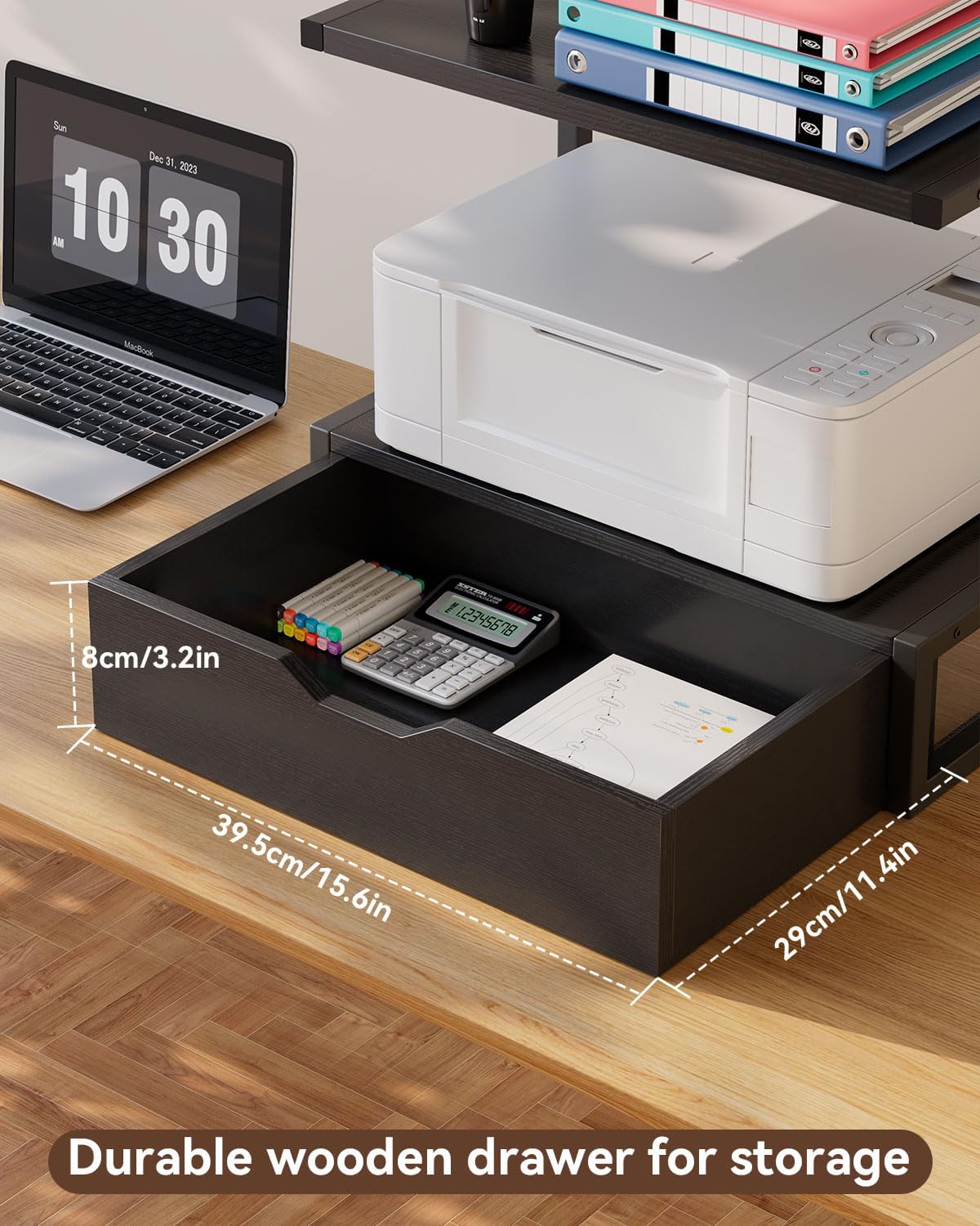 IBUYKE 2 Tier Desktop Printer Stand,Multi-Purpose Desk Organizer,Printer Table with Storage Shelf for Folders,Books,for Fax Machine, Scanner,Home Office,Black TLJ015B