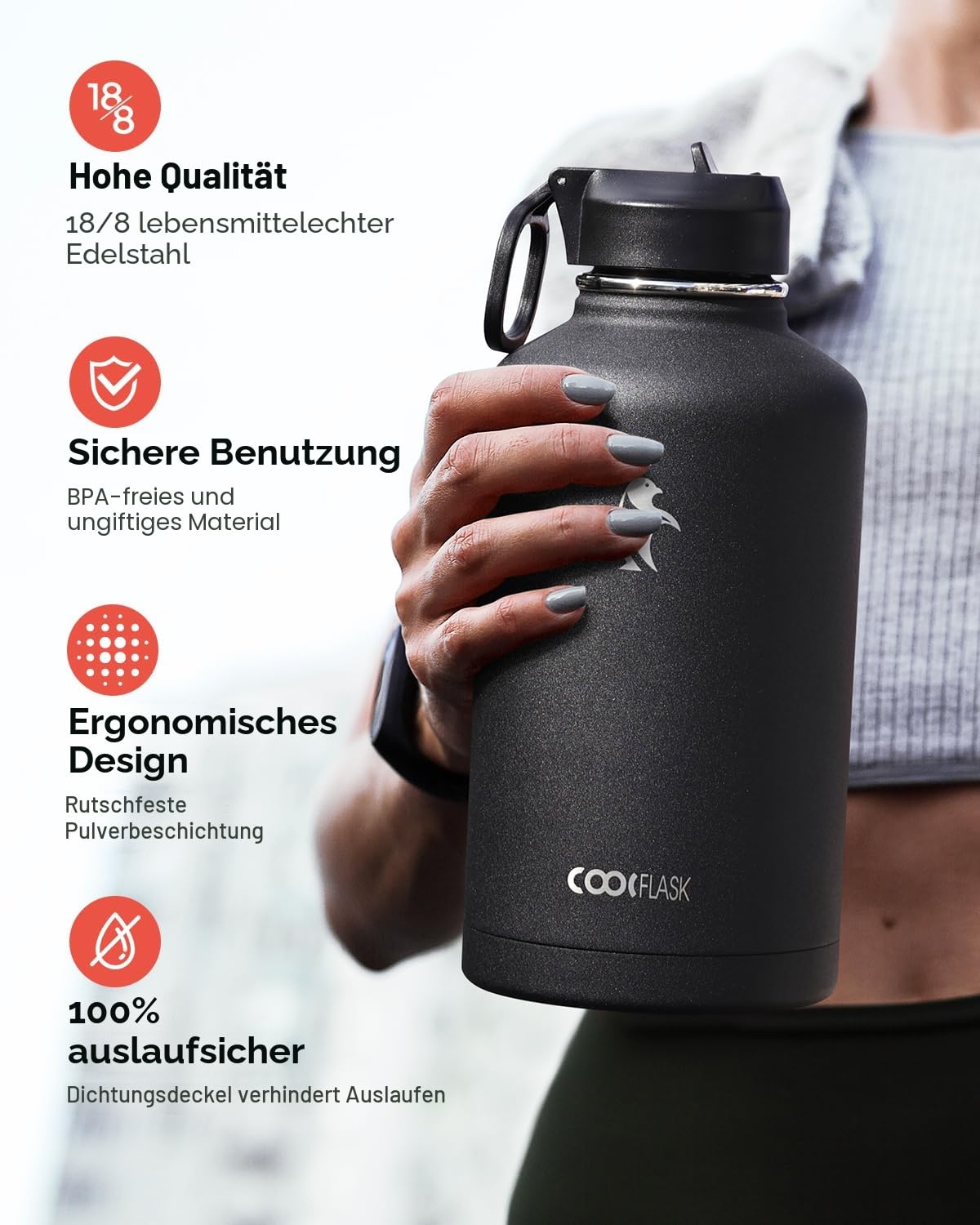 Coolflask Wasserflasche, isoliert, mit Strohhalm und 3 Deckeln, 1,8 l Fassungsvermögen, große Metall-Edelstahl-Wasserkrug, große halbe Gallonen, breite Öffnung, für Sport, Fitnessstudio oder Büro