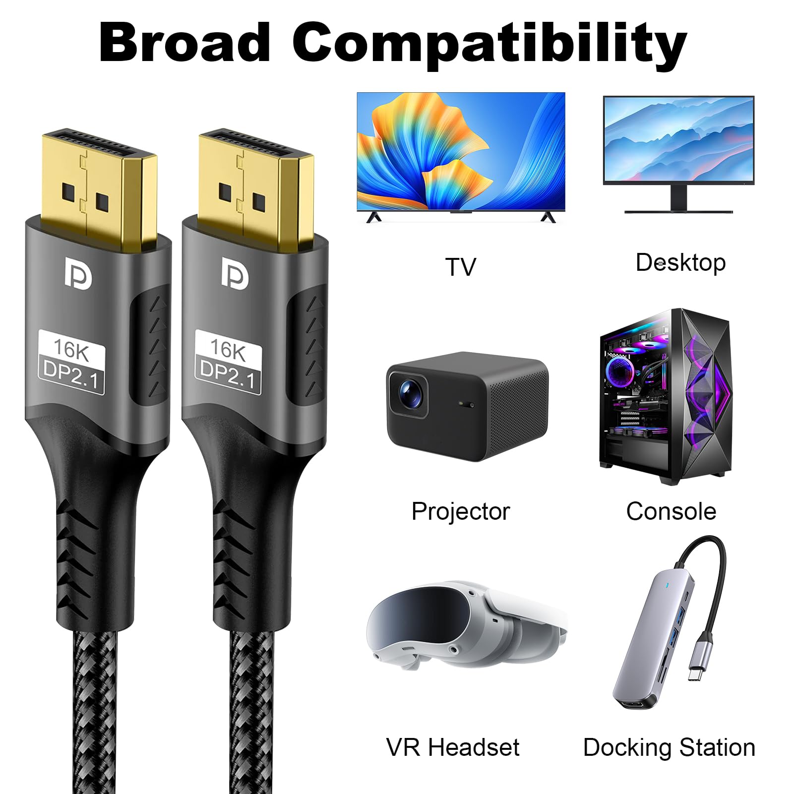 16K DP Cable DisplayPort 2.1, 54Gbps Cable DP a DP 2M con 16K@60Hz 8K@240Hz 4K@540Hz 360Hz 240Hz Display Port 2.1 Compatible con HDR10 FreeSync G-Sync para Monitor Gaming Tarjetas Gráficas PC HDTV