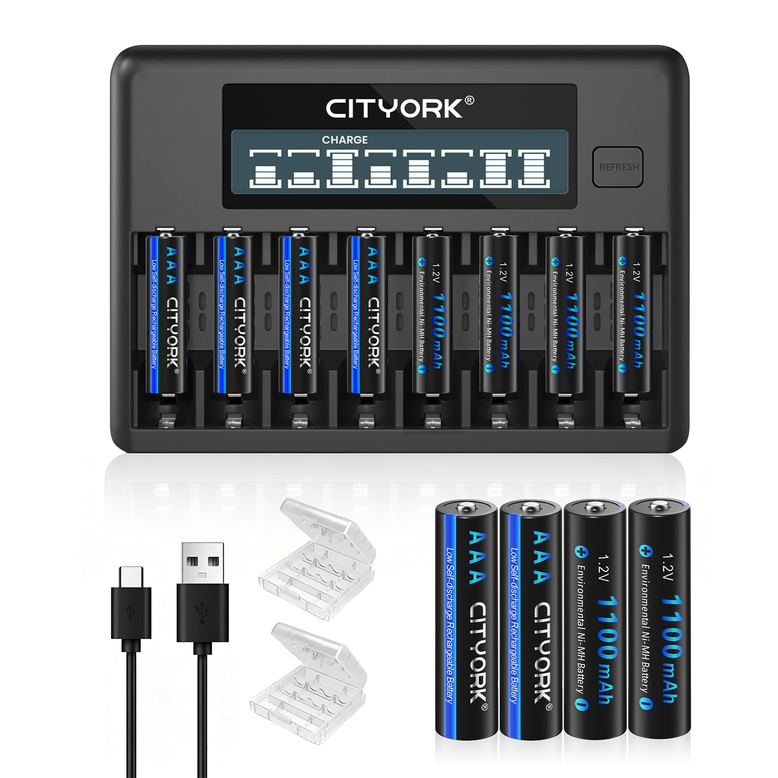 CITYORK Lot de 12 piles rechargeables AAA 1100 mAh 1,2 V Ni-MH avec étui de batterie avec 8 baies AA AAA LCD Smart 1,2 V NiMH/NiCd, charge rapide