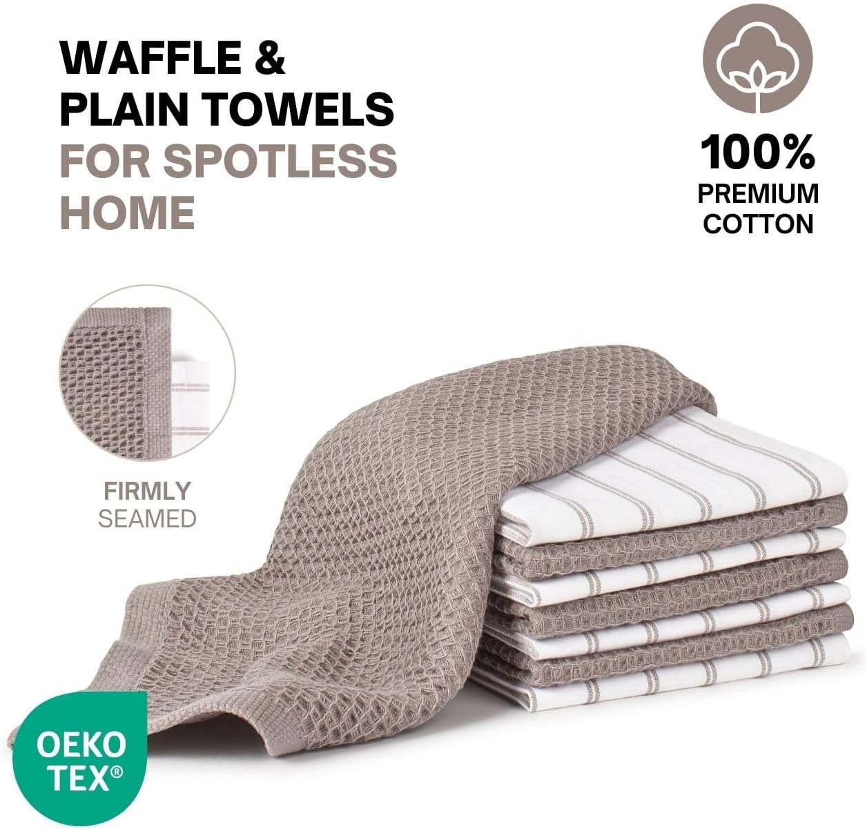 Quick-Drying Kitchen Towels Set of 6 (12"x12") - Cotton Waffle & Plain Weave Dish Cloths| Absorbent Tea Towels for Drying Dishes | Hand Towels | White & Taupe Striped Farmhouse Design & Taupe Waffle