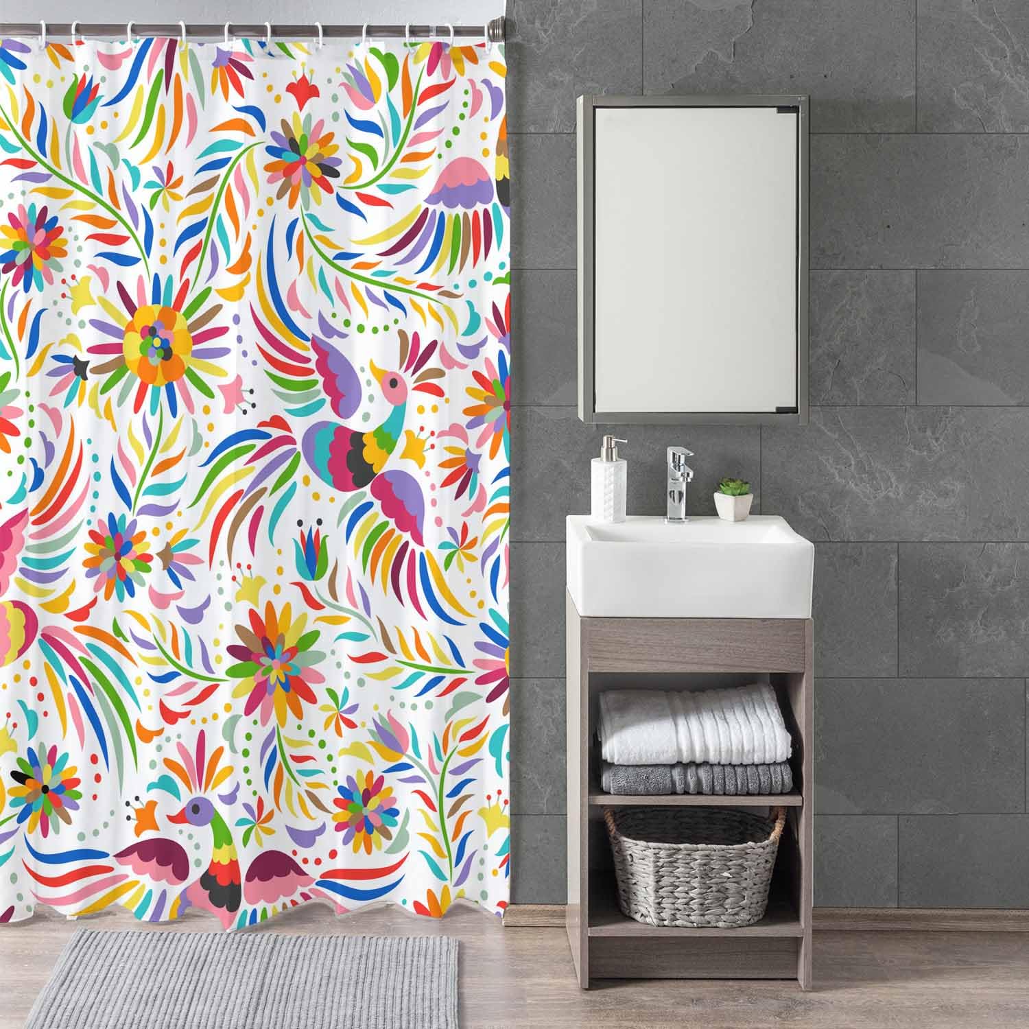 Woutay Shower Curtain Water Repellant Fabric Colorful Ethnic Birds and Flowers,Mould Proof Resistant,Polyester,Size 180x180CM - Image 3