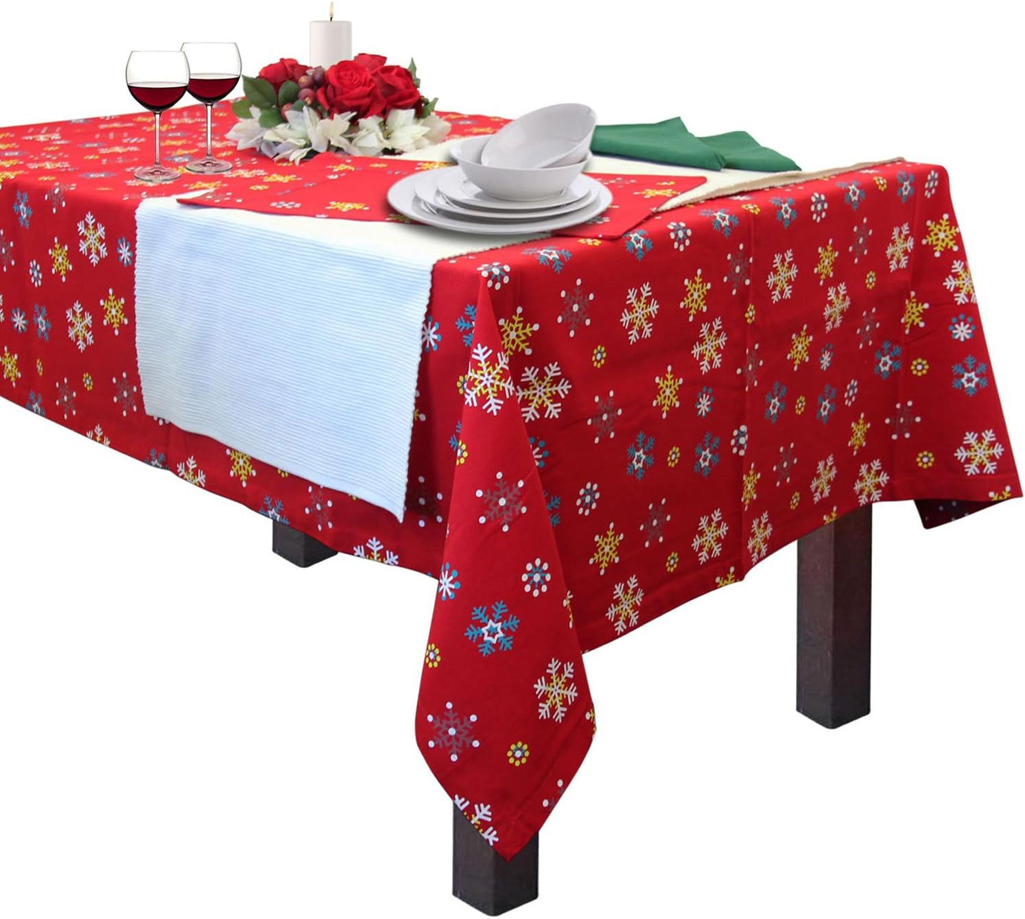 HOMESCAPES - Christmas - Tablecloth - Red Snowflake - X Mas design - 54 x 70 Inch - 100% Cotton - White Green and Red Colour - Washable at Home