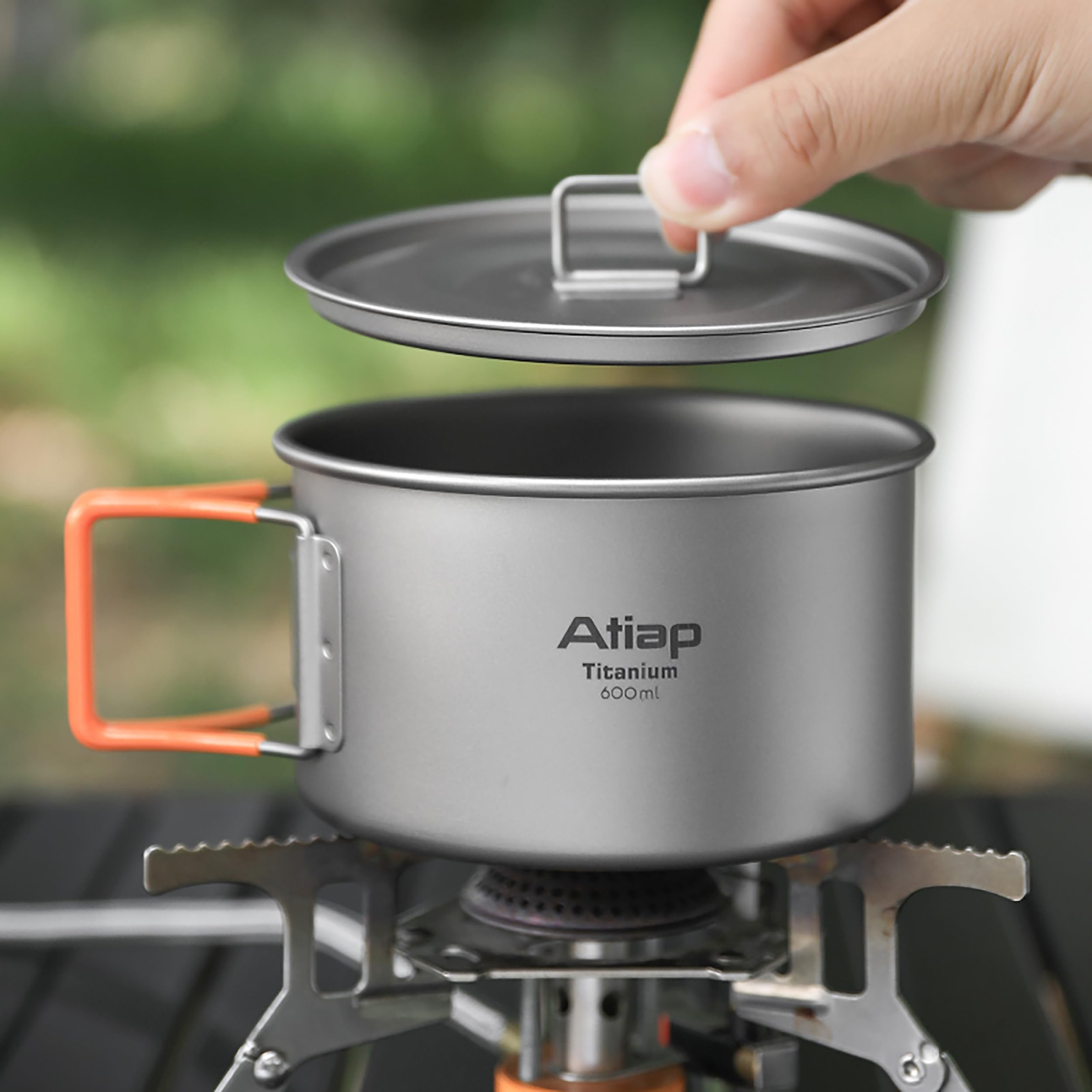Tazón de titanio con mango plegable, cuenco de titanio de una sola pared con mango plegable para acampar al aire libre, senderismo, picnic (Ta8216M-GJ+M110+8001P)