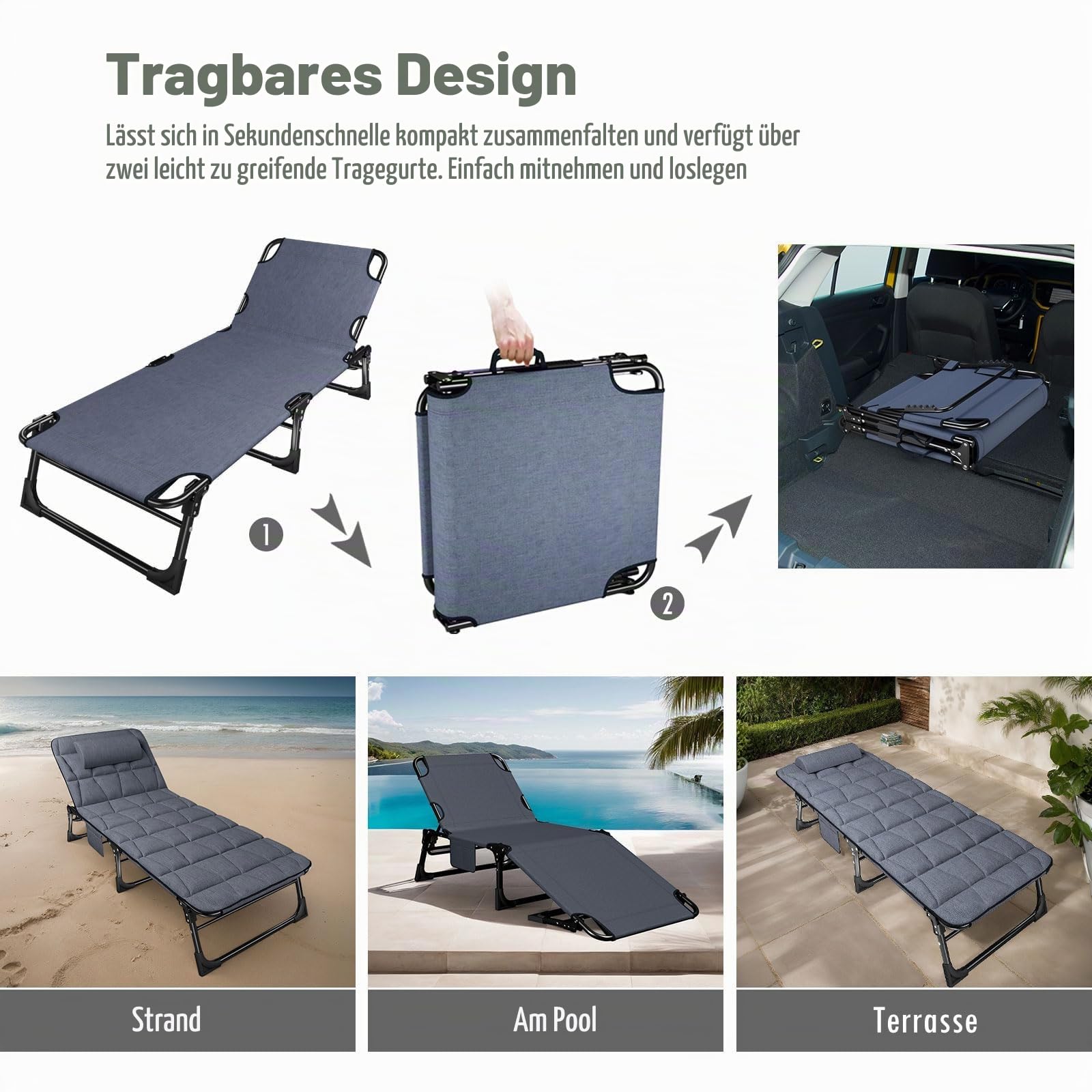 ATORPOK SHOP Sonnenliege mit verstellbarer Rückenlehne, 4-fach verstellbar, Mehrzweck-Campingbett, tragbar und Liegestuhl, für Garten/Pool/Terrasse, gepolsterte Matratze und Kissen – Blau