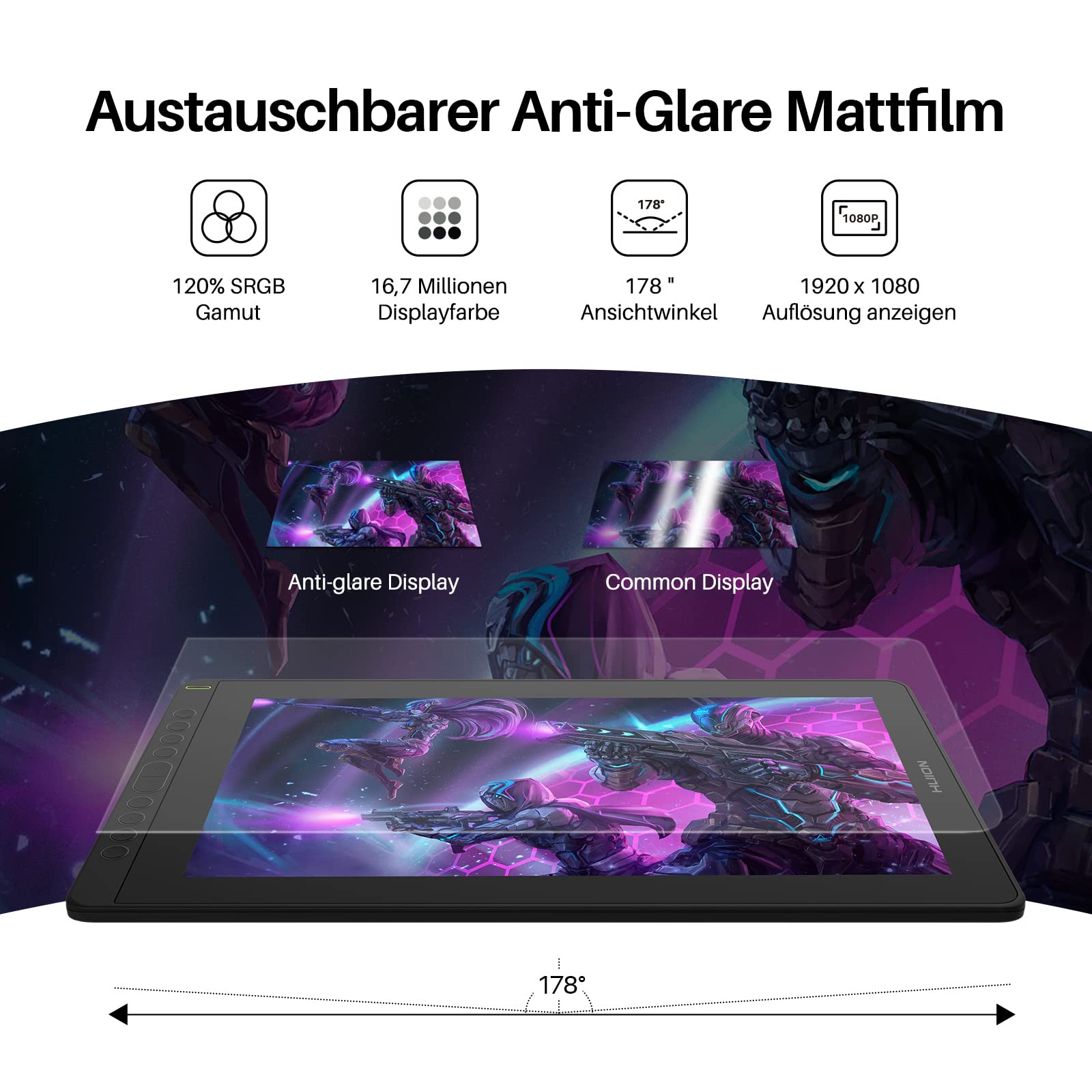 HUION Kamvas 16 Grafiktablett mit Display,15,6-Zoll Volllaminatbildschirm Pen Display, 10 programmierbare Drucktasten, 8192 Stufen Batterieloser Stift, unterstützt die Konnektivität mit Android