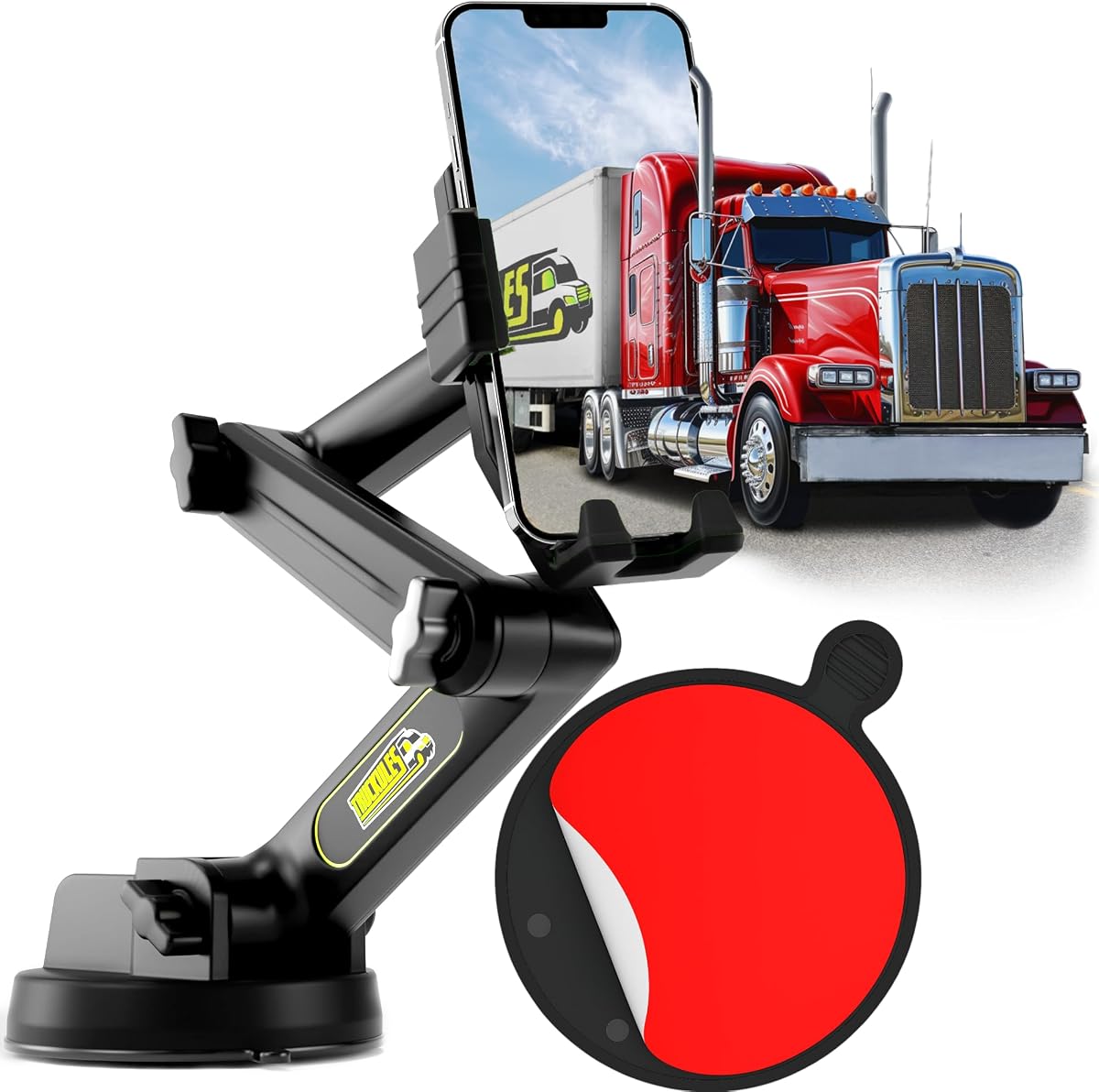 Cell Phone Mount for Truck Phone Holder for Truck Drivers - Heavy Duty Suction Cup + Dashboard Pad, iPhone Holder for Dashboard Window 16.9 inch Long, for iPhone & Samsung, Big Rig Trucker, Black