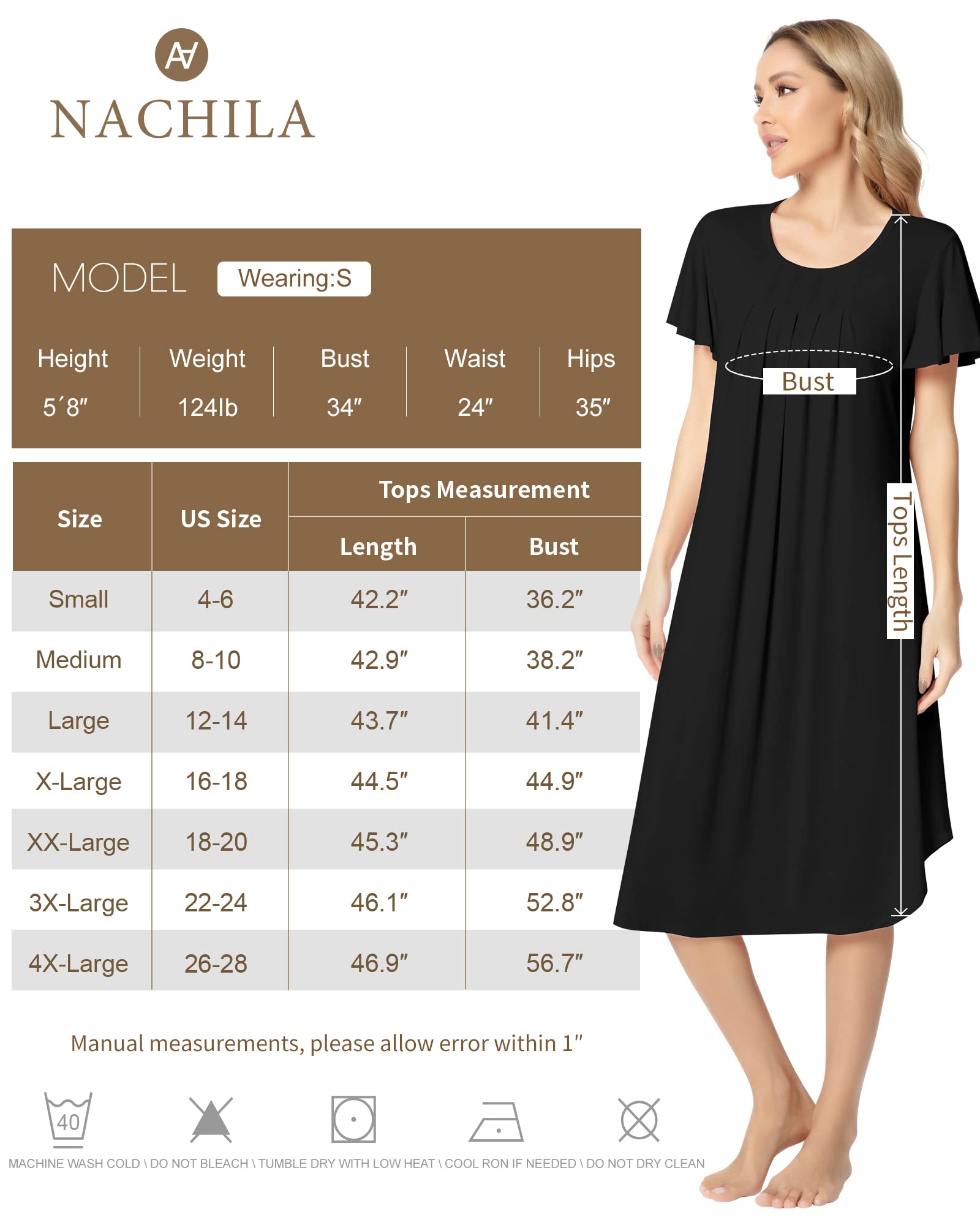 NACHILA Nightgowns for Women-Viscose Made from Bamboo, Short Sleeve Nightgown V Neck Nightshirt Soft Sleepwear Dress