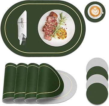 Placemats and Coaster Sets 4 Large Oval Table Mats, 18 12 inches Green Gray