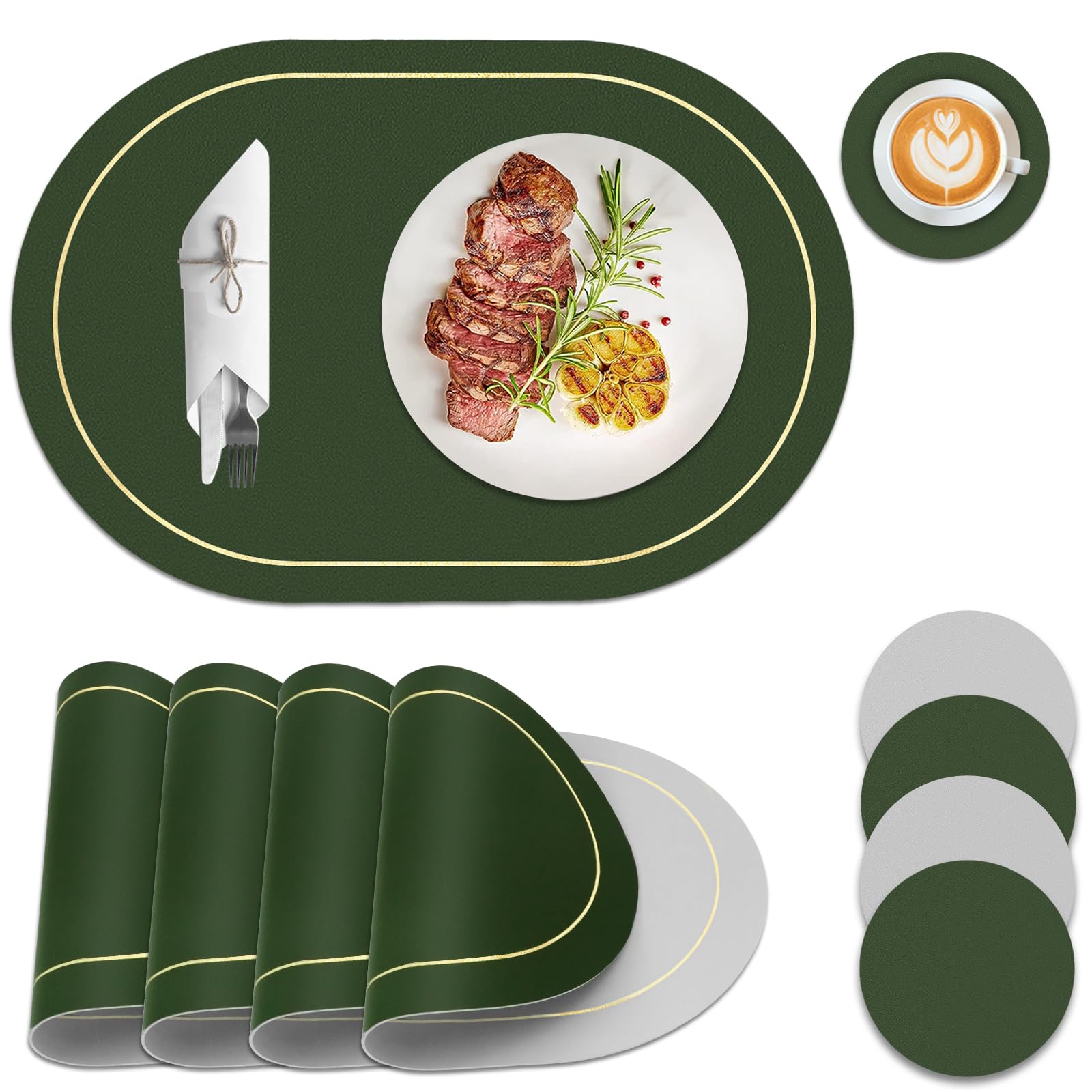Placemats and Coaster Sets 4, Waterproof Washable Large Oval Table Mats, Heat- Resistant Dual-Sided Faux Leather Place Mats, Dining Table Decorations for Kitchen, Picnic, Kid(Gray Green)