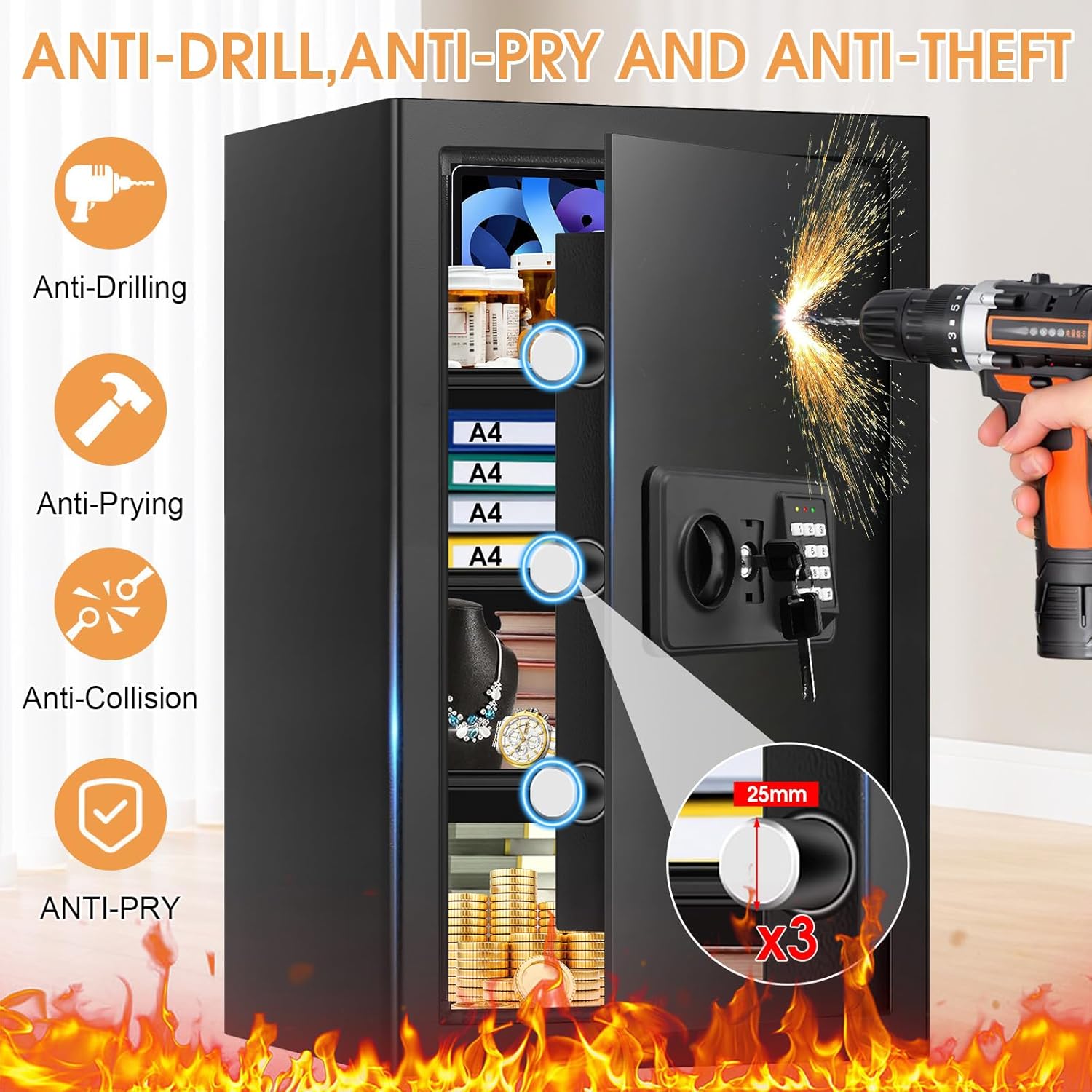 5.2 Cub Large Fireproof Safes for Home Use, Digital Security Safe Home Safes Fireproof Waterproof with Combination Lock and 3 Removable Shelves, Anti-Theft Fire Safe Box for Document Money Valuables thumbnail