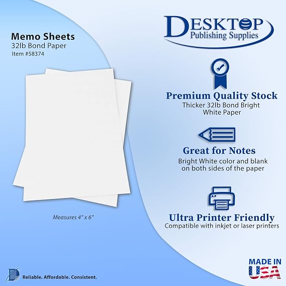 Premium Weight 32lb Bond White 4 x 6 Sheets - Note Paper Memo Sheets (100 Sheets)