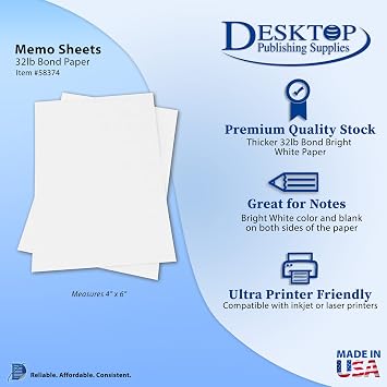 Premium Weight 32lb Bond White 4 x 6 Sheets - Note Paper Memo Sheets (100 Sheets)